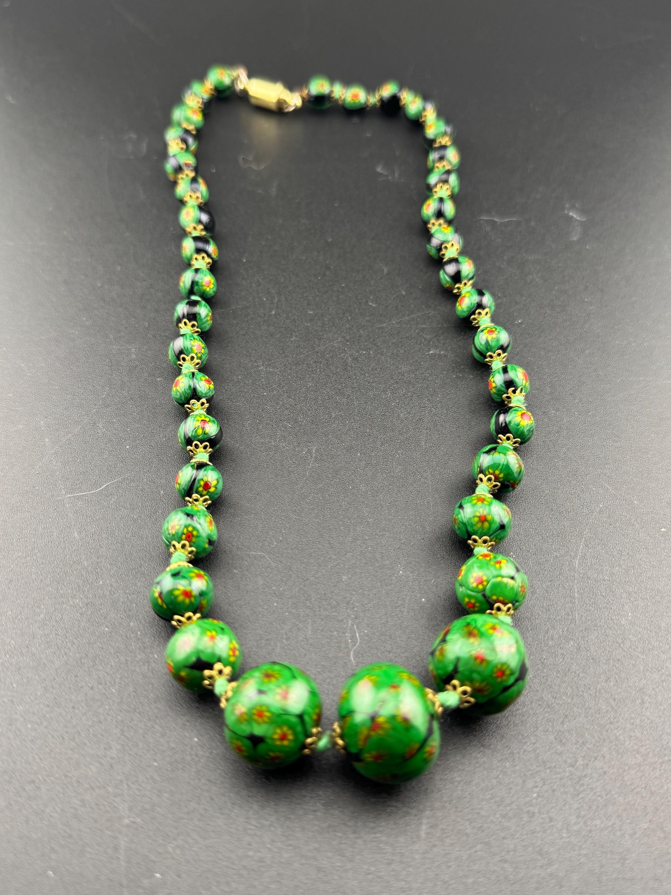 1970s dark green painted art glass or ceramic beaded long necklace with unusual magnetic clasp
