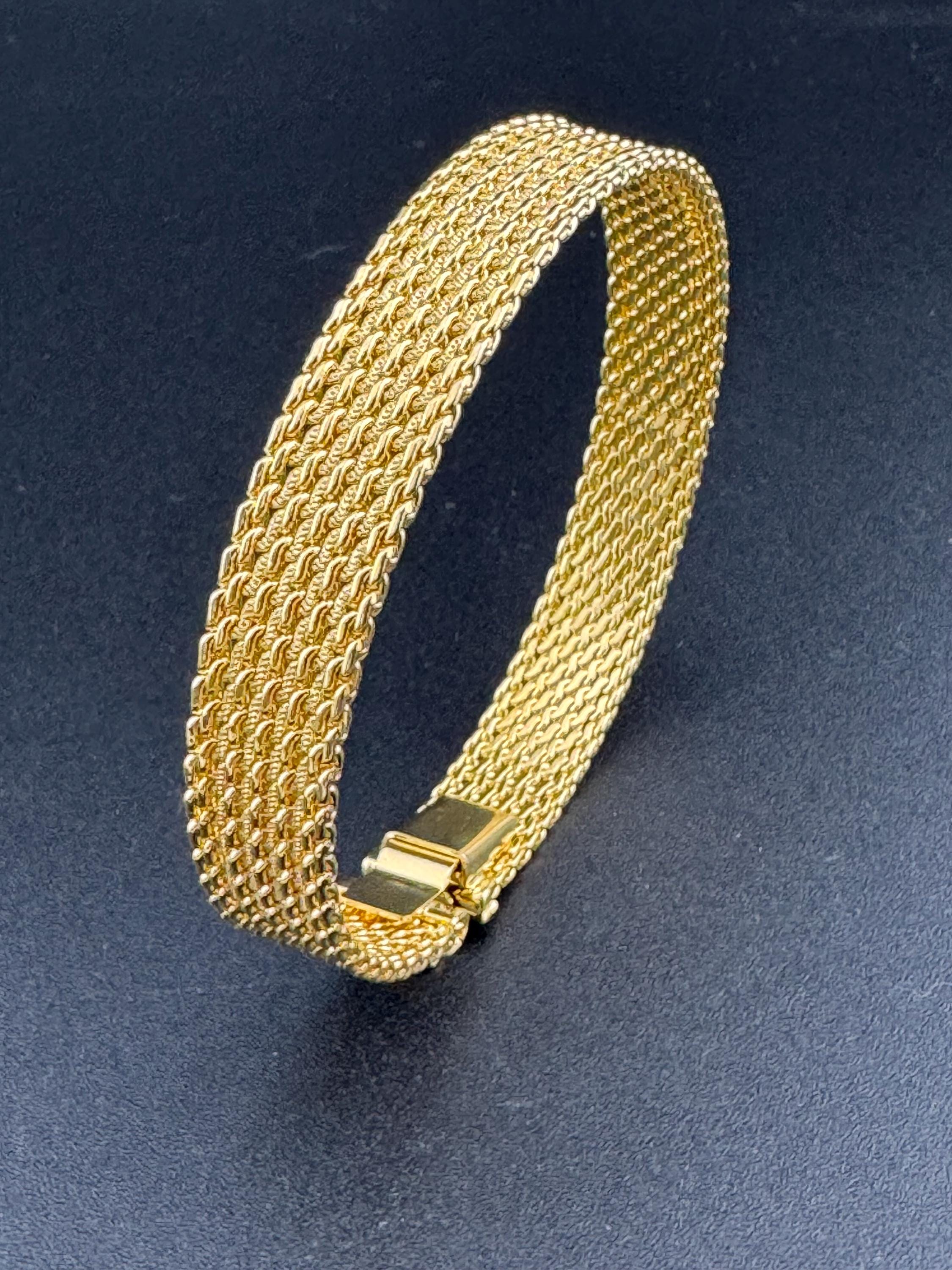 Vintage gold plated modernist slim flat textured mesh bangle bracelet 19cm x 1cm