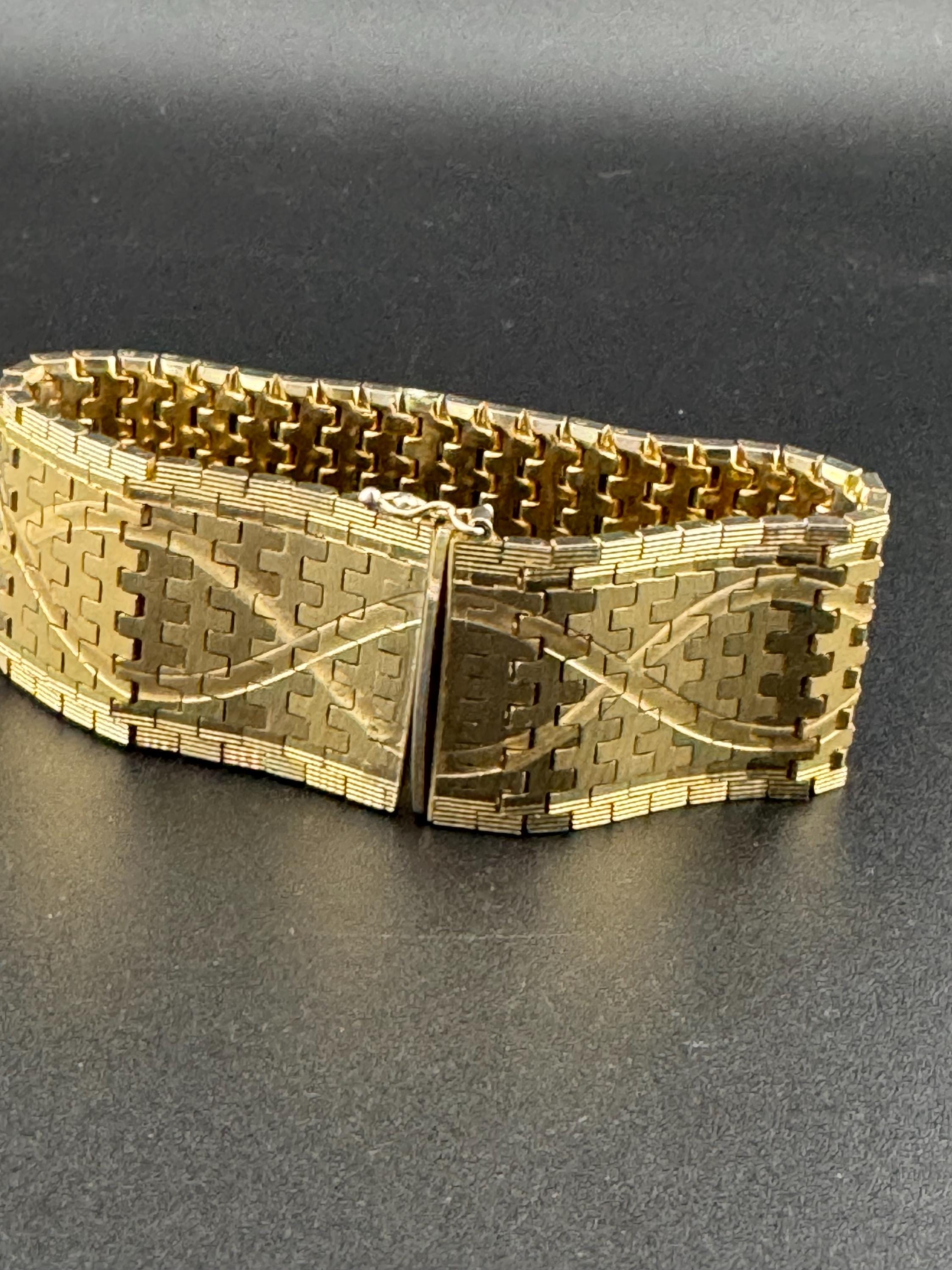 1970s articulated flat stamped Italy plaque gold plated cuff wrap bracelet 18.5cm long x 26mm Italian good condition