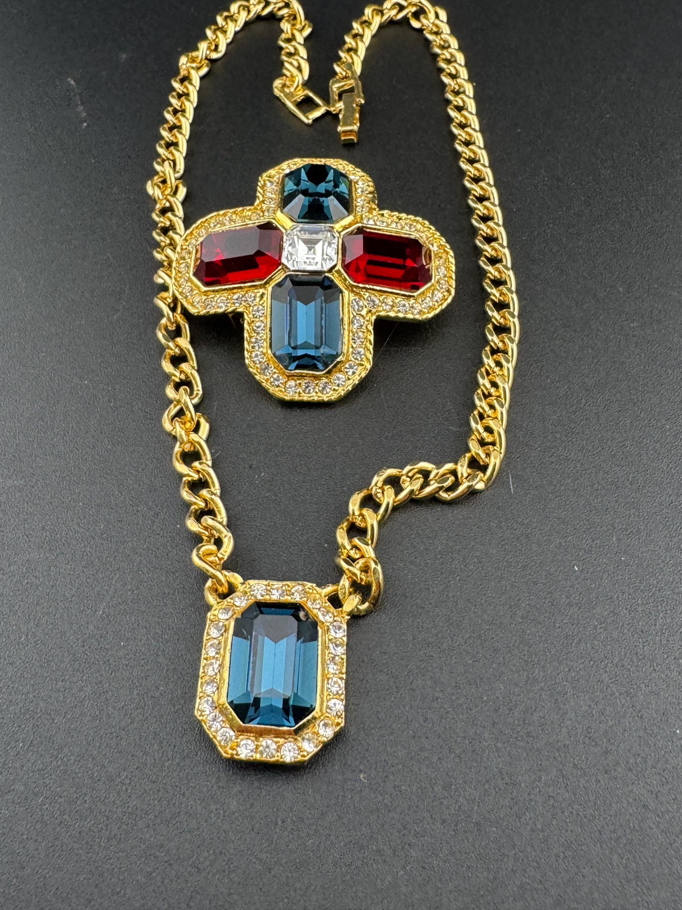 Vintage 1980s Swarovski crystal set sapphire diamanté octagonal pendant necklace with matching ruby sapphire cross brooch old shop stock
