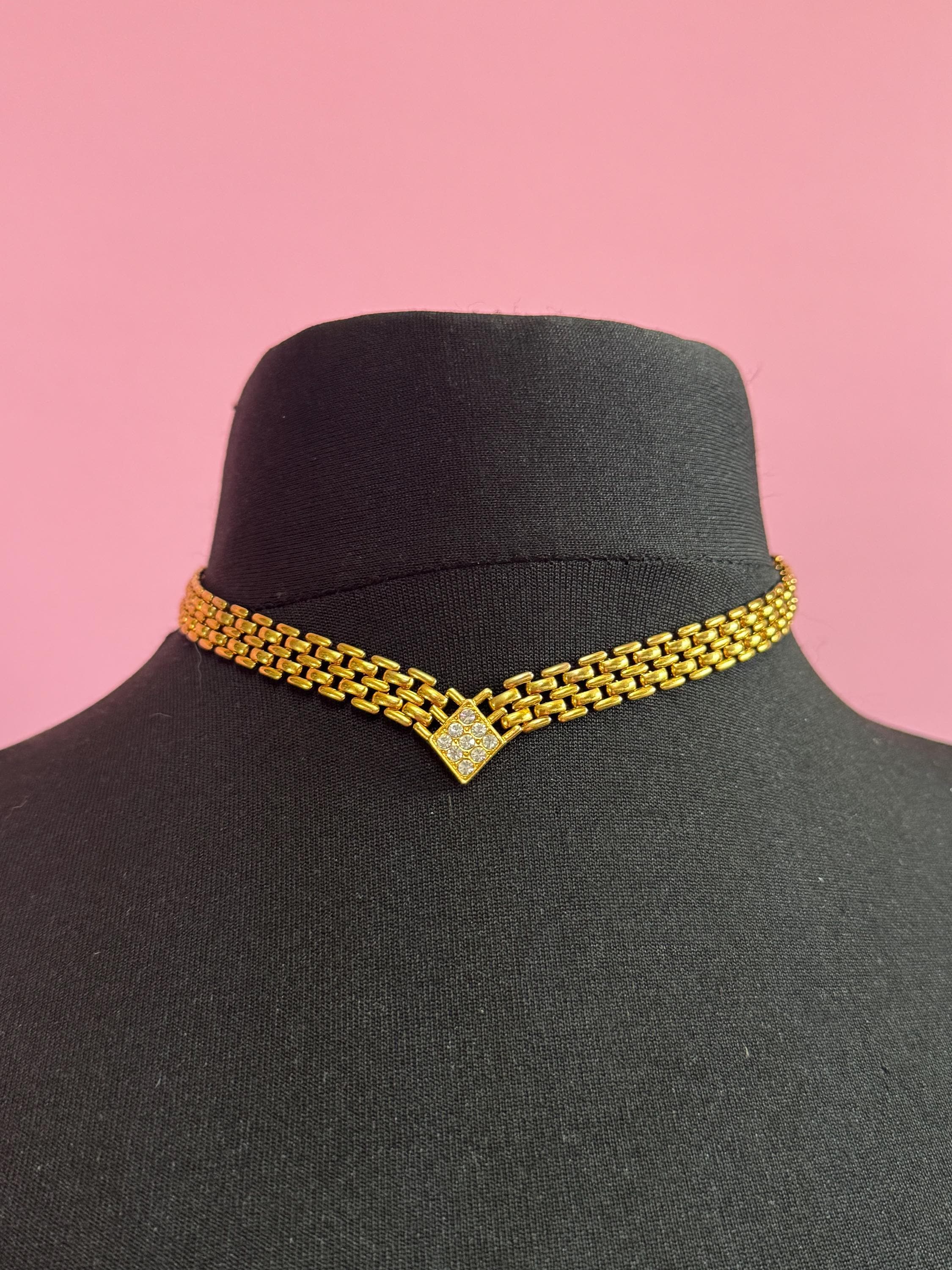 Retro 1980s slim panther link crystal diamanté V gold tone choker necklace
