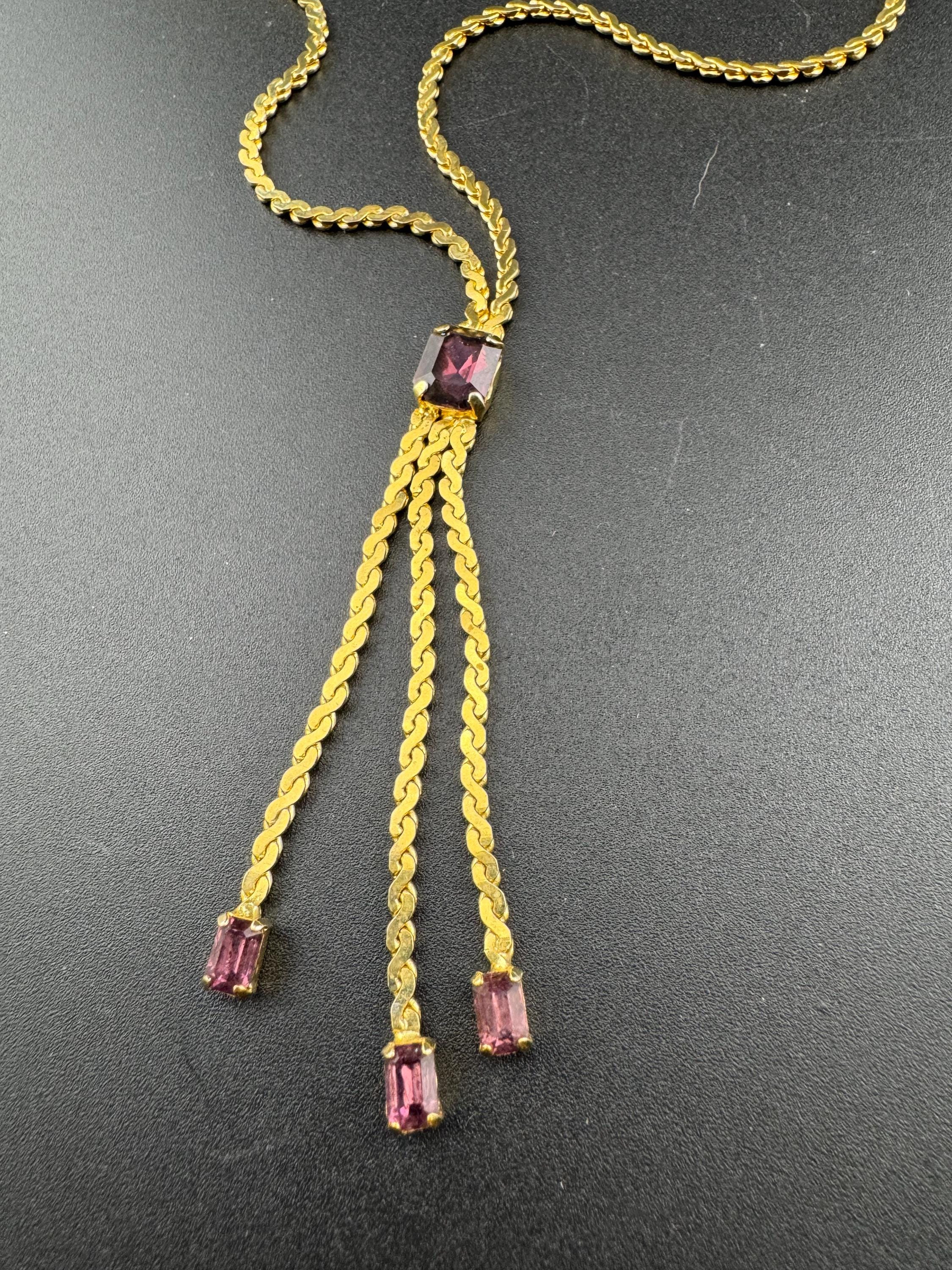 Vintage pristine 1970s gold plated amethyst crystal serpentine chain lariat negligee drop necklace