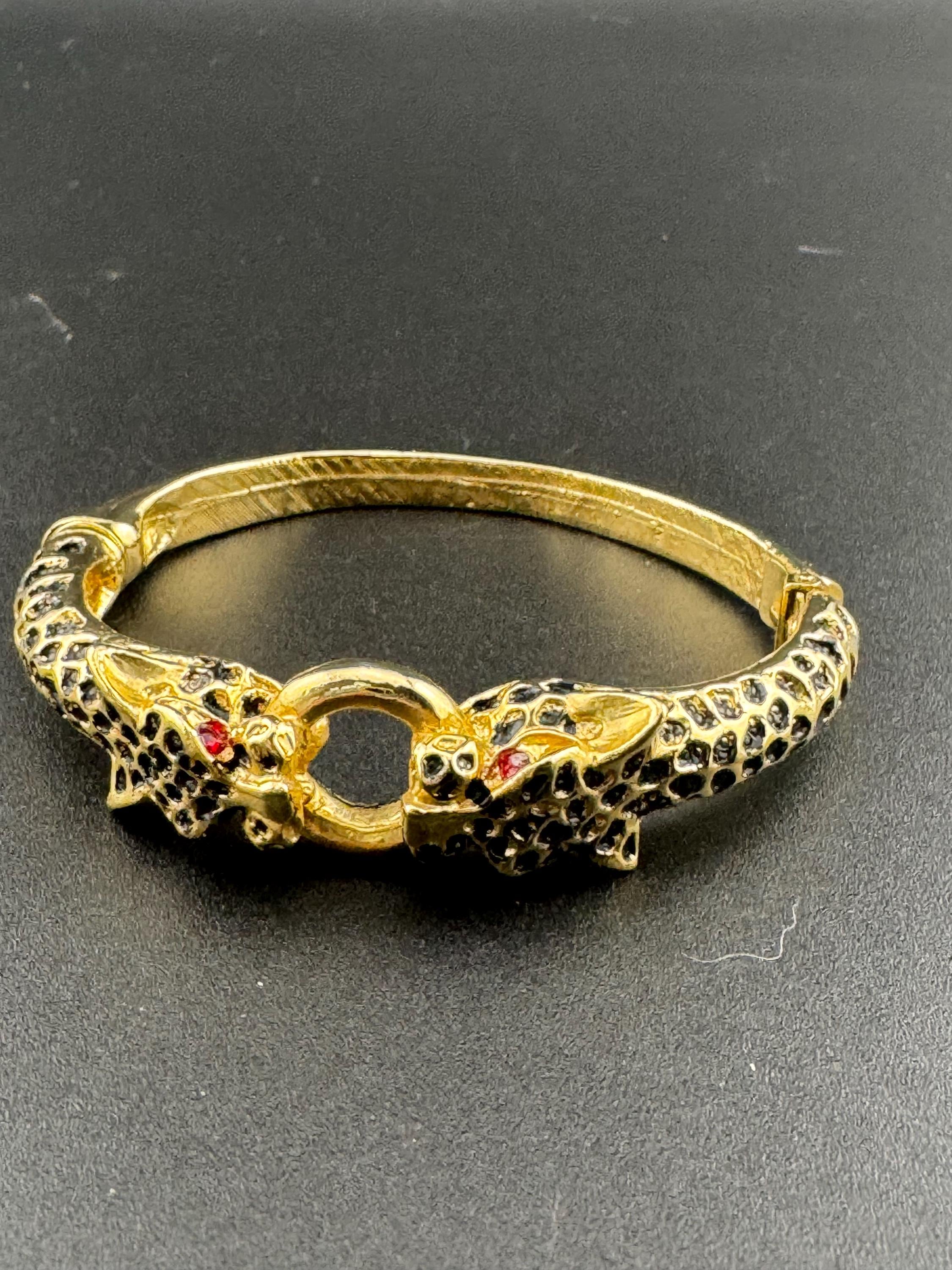 80s BIG CAT diamanté clamper bangle hinged rhinestone crystal bracelet tiger panther gold tone vintage
