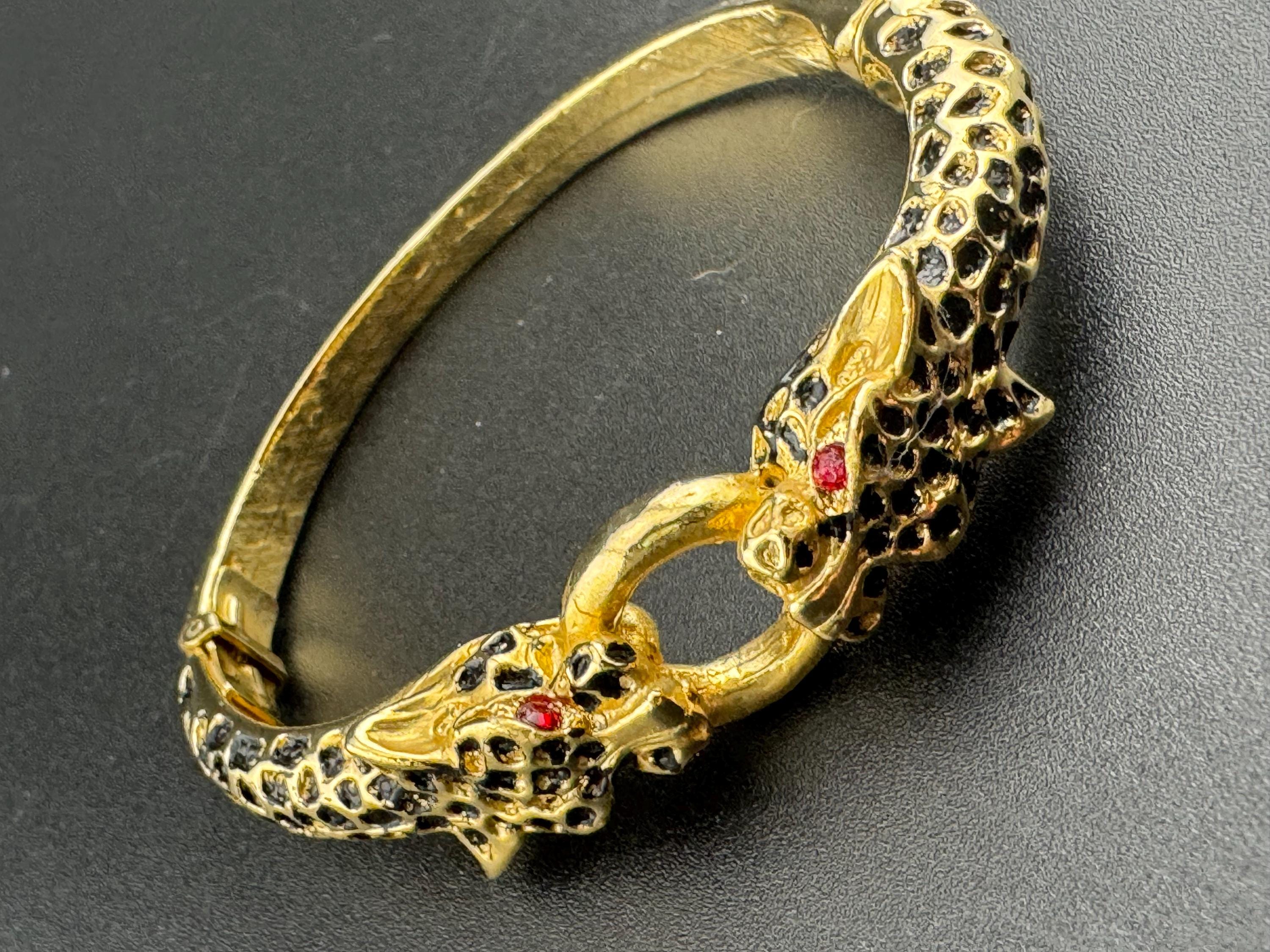 80s BIG CAT diamanté clamper bangle hinged rhinestone crystal bracelet tiger panther gold tone vintage