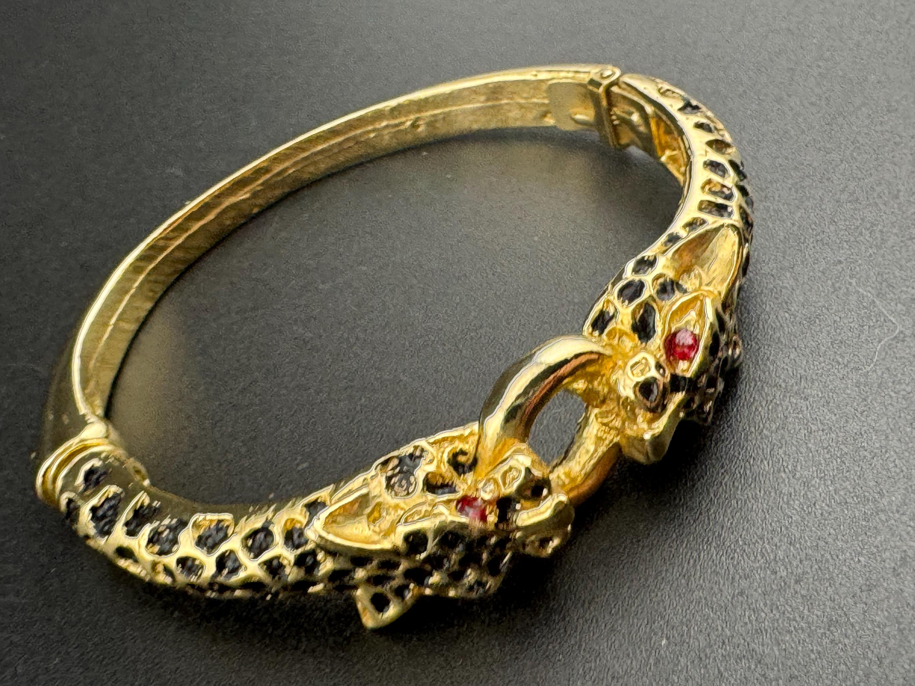 80s BIG CAT diamanté clamper bangle hinged rhinestone crystal bracelet tiger panther gold tone vintage