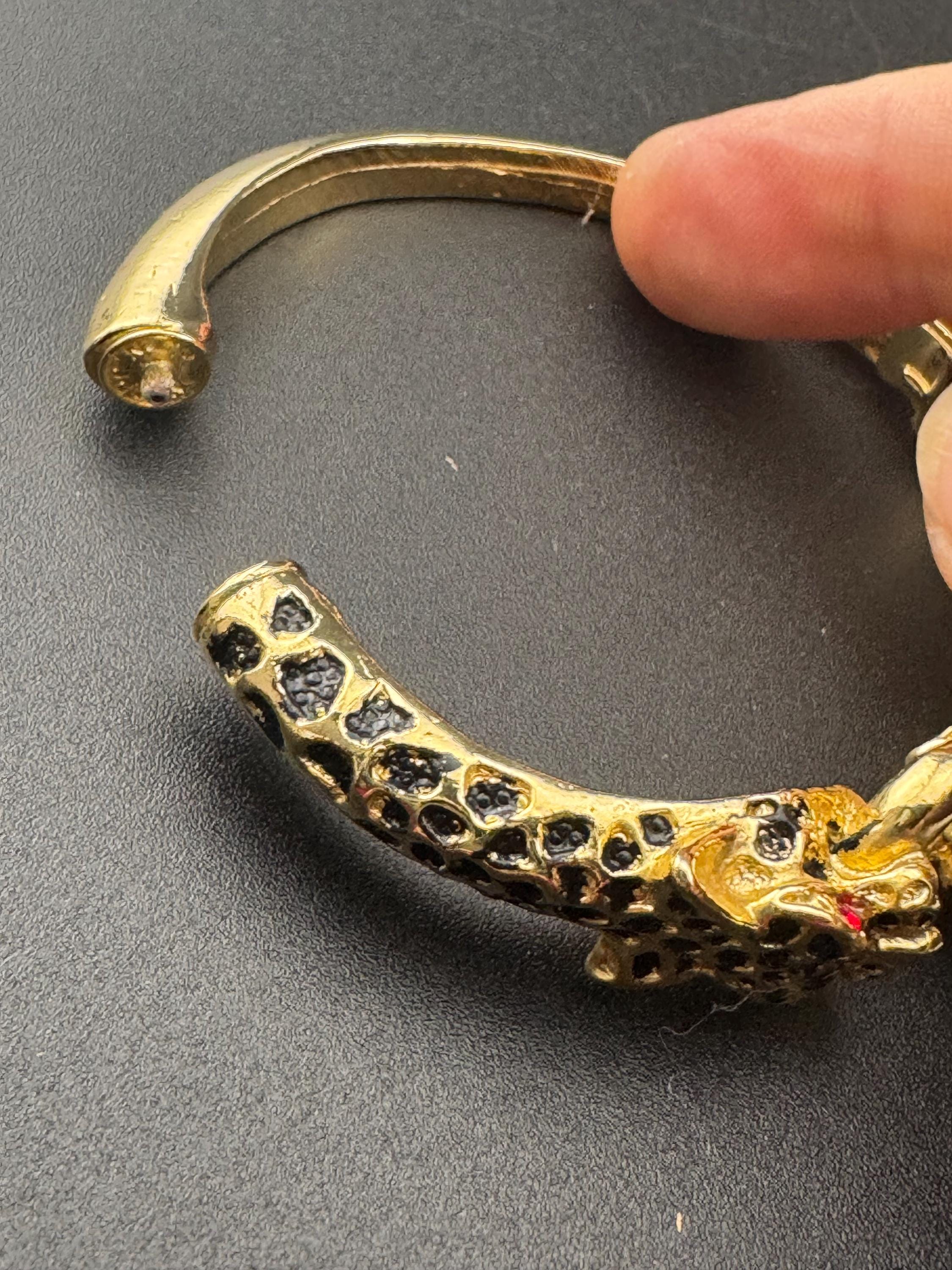 80s BIG CAT diamanté clamper bangle hinged rhinestone crystal bracelet tiger panther gold tone vintage