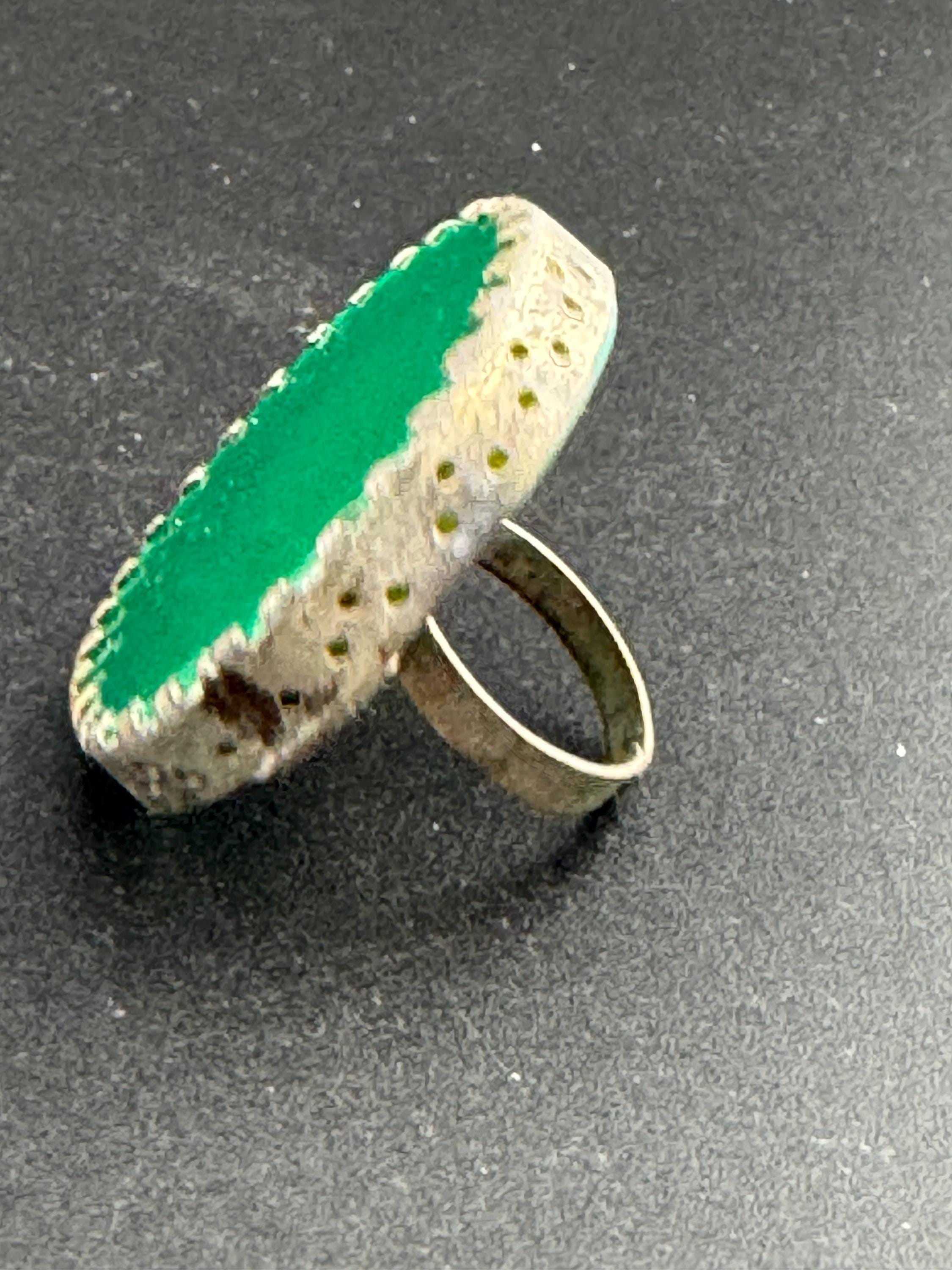 Green Plastic Disc Ring: Artisan Silver Tone Adjustable Statement Ring