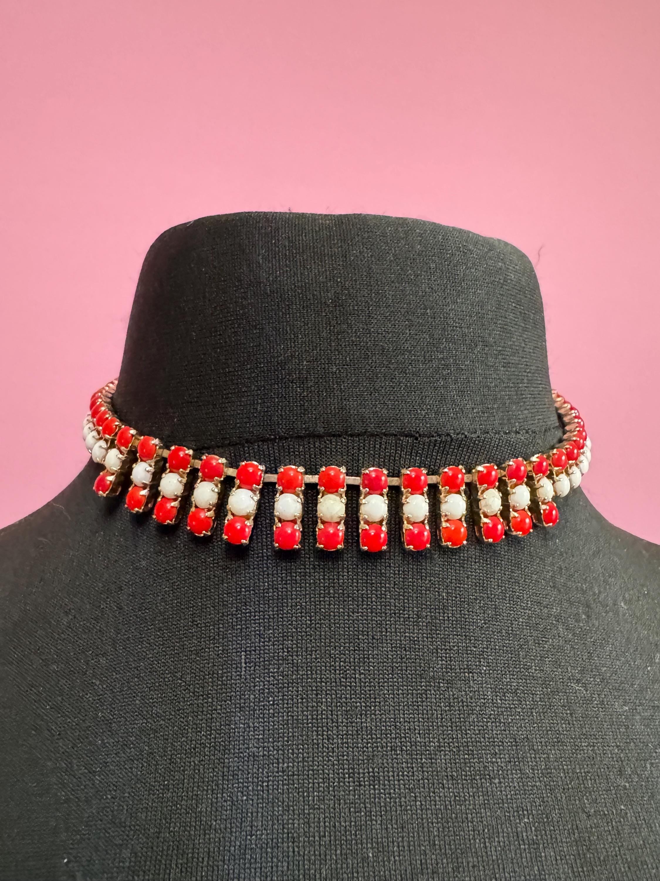 Petite fit 39cm lightweight gold tone aluminium bright red and white diamanté set choker necklace