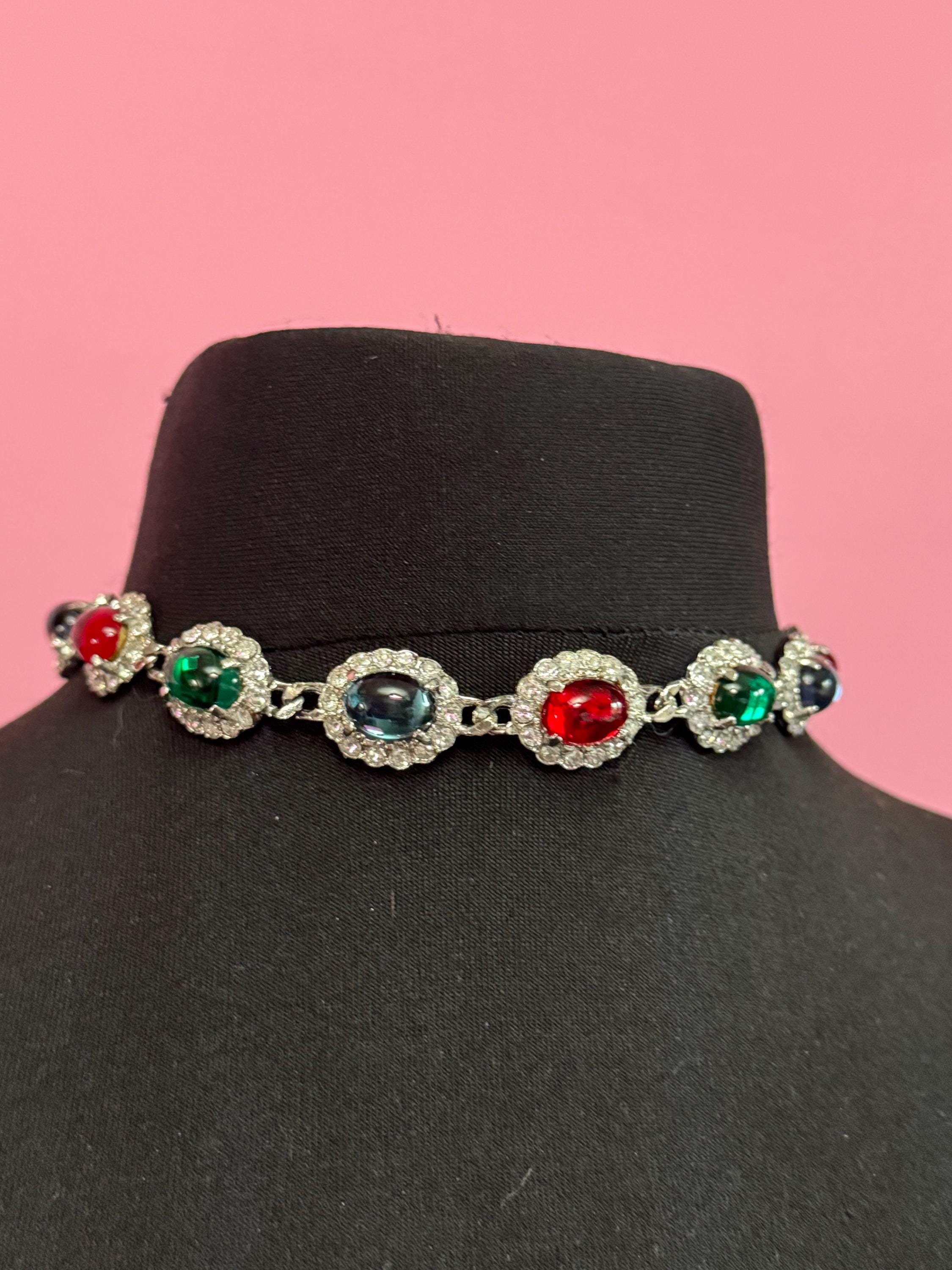 Vintage 1980s Swarovski crystal emerald green, ruby red and sapphire blue cabochon & clear diamanté oval set collar necklace silver tone