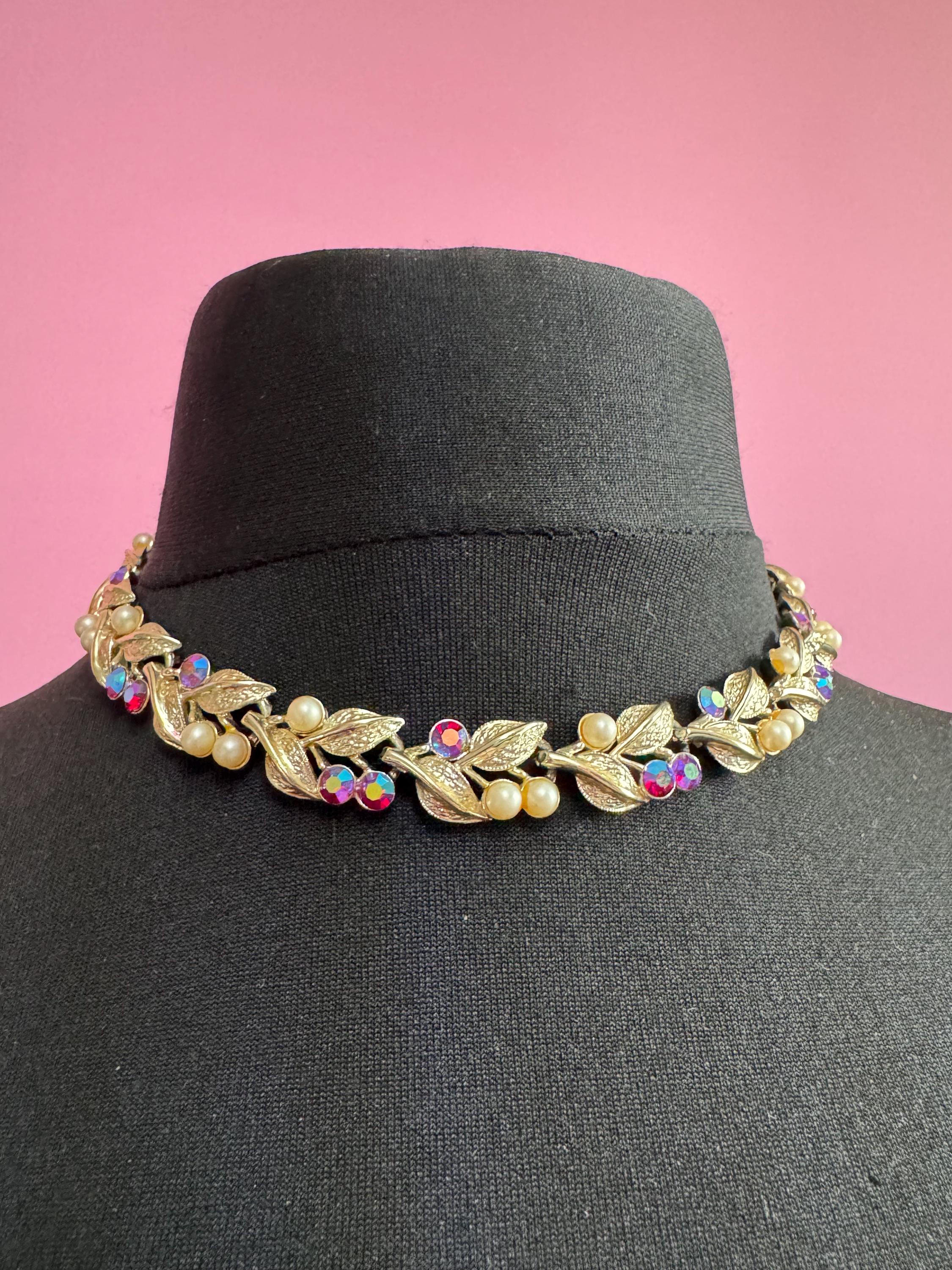 Pink AB diamanté crystal and faux pearl cabochon detail vintage gold tone leaf choker necklace MCM 1960s