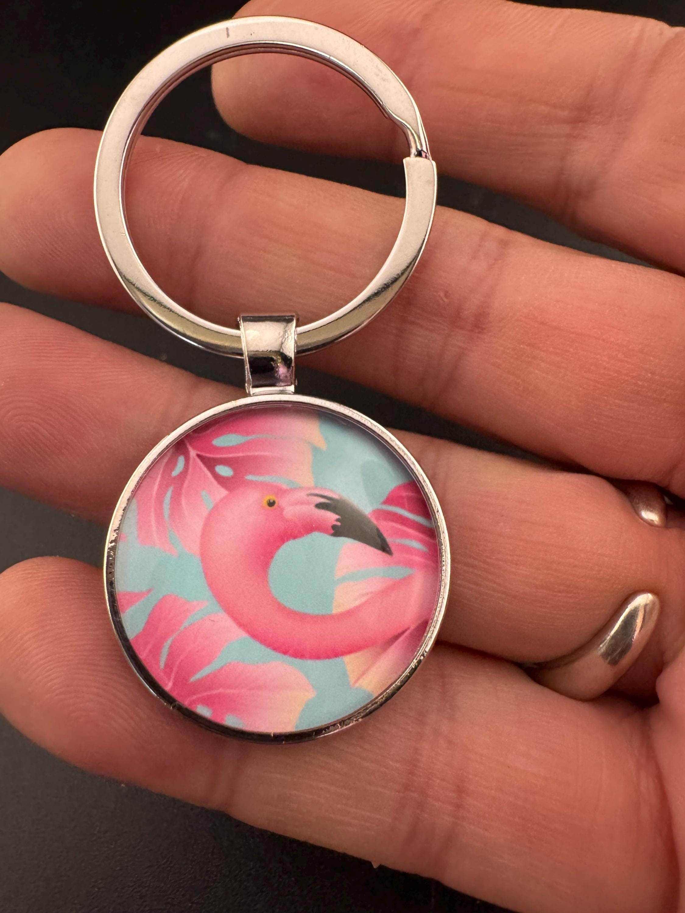 Summer tropical pink flamingo silver keyring, set in a glass cabochon