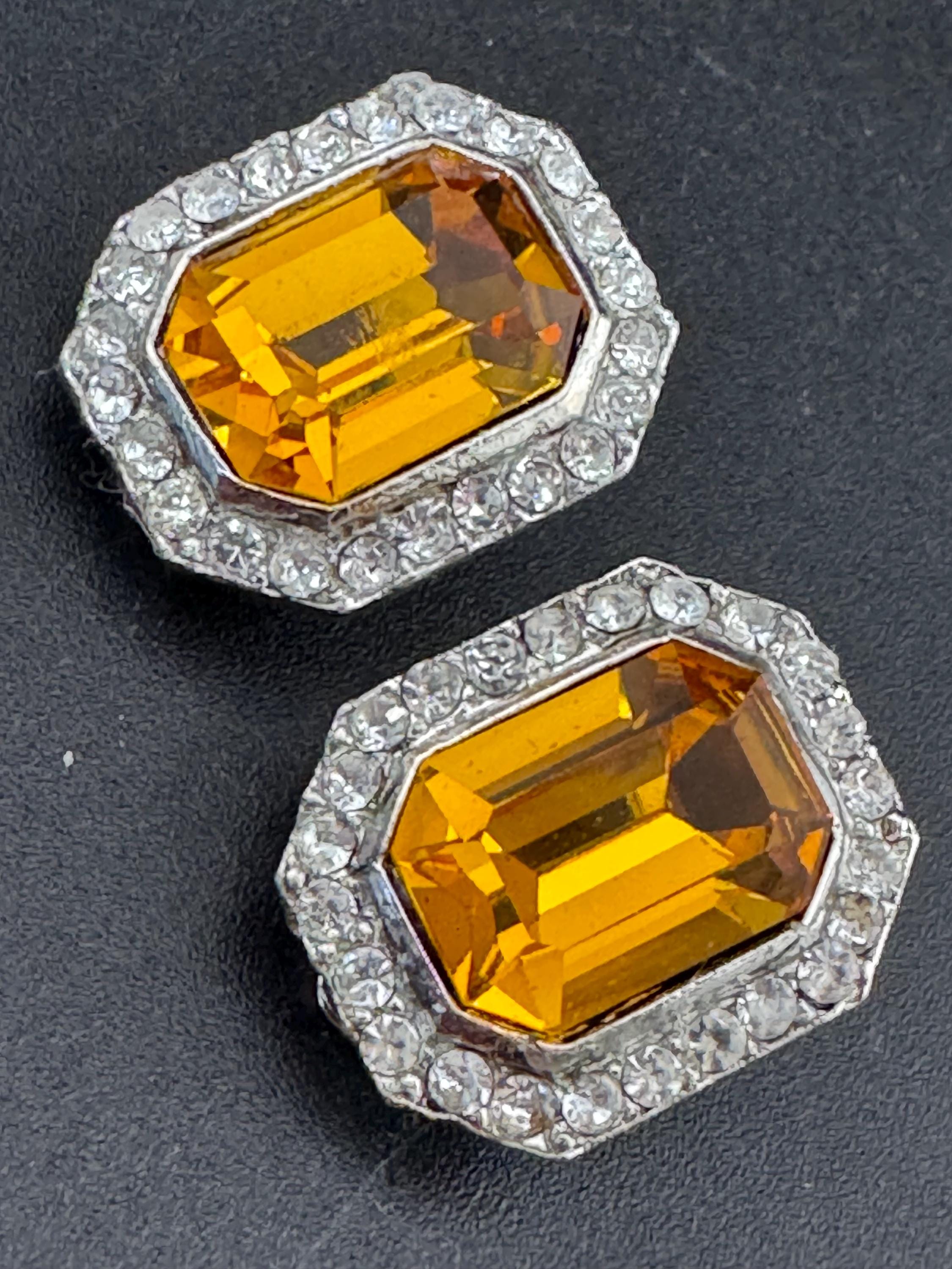 2cm clear and citrine orange coloured genuine Swarovski crystal octagon clip on earrings 1980s, true vintage old shop stock