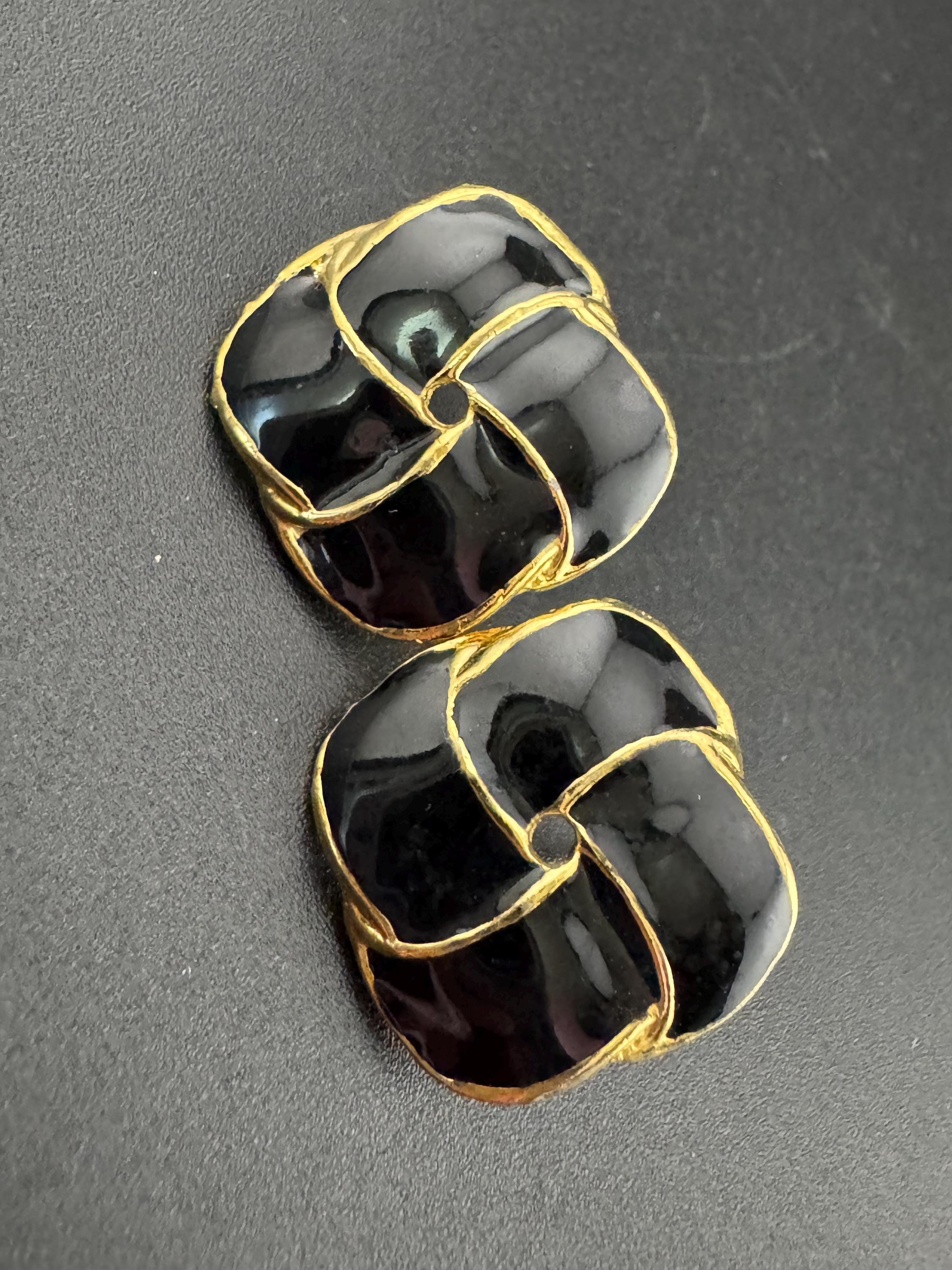 Vintage Gold tone Black enamel pair square shaped stud earrings pierced, statement power dress 80s 90s