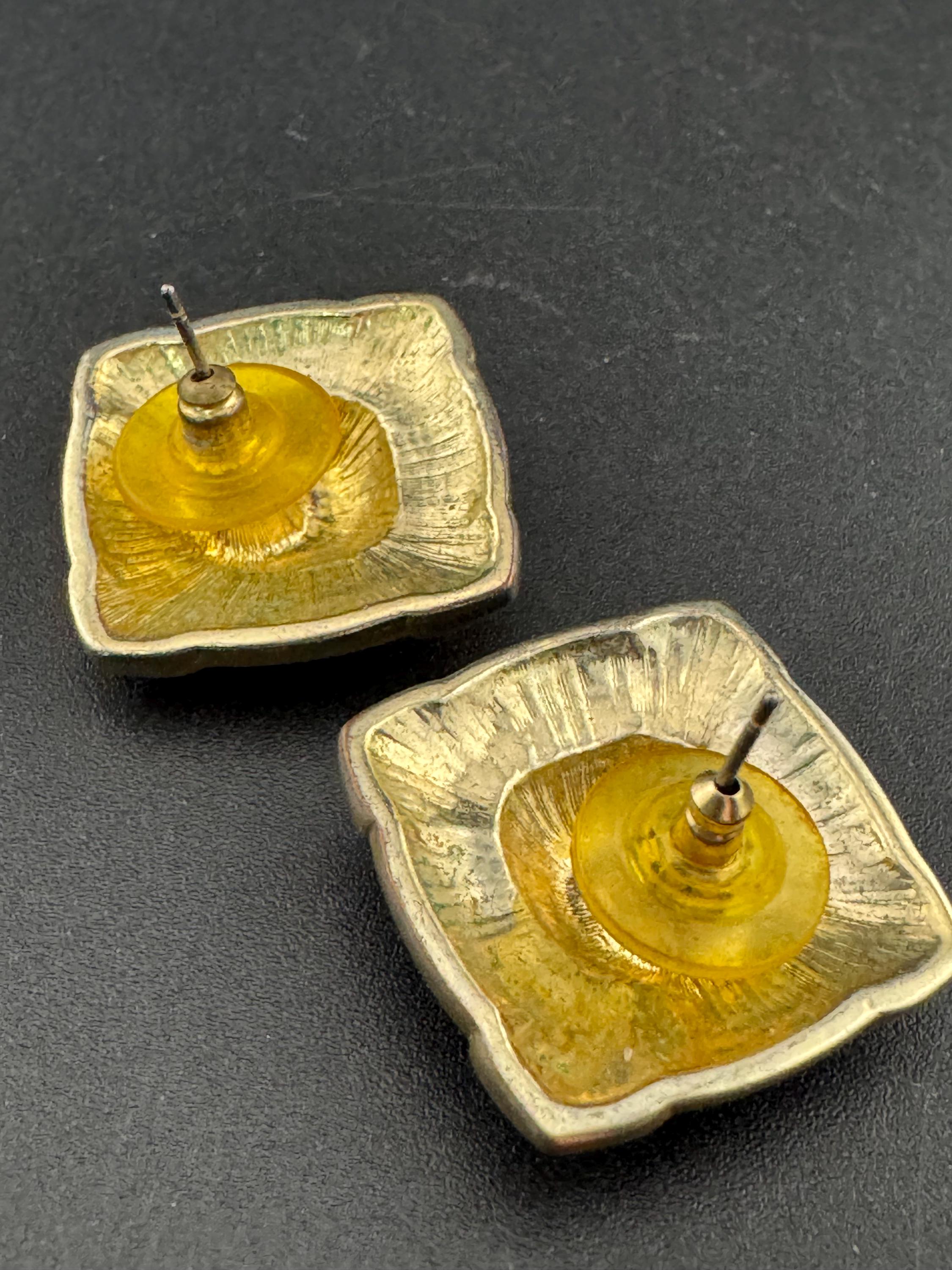 Gold tone green enamel square stud earrings for pierced ears Vintage