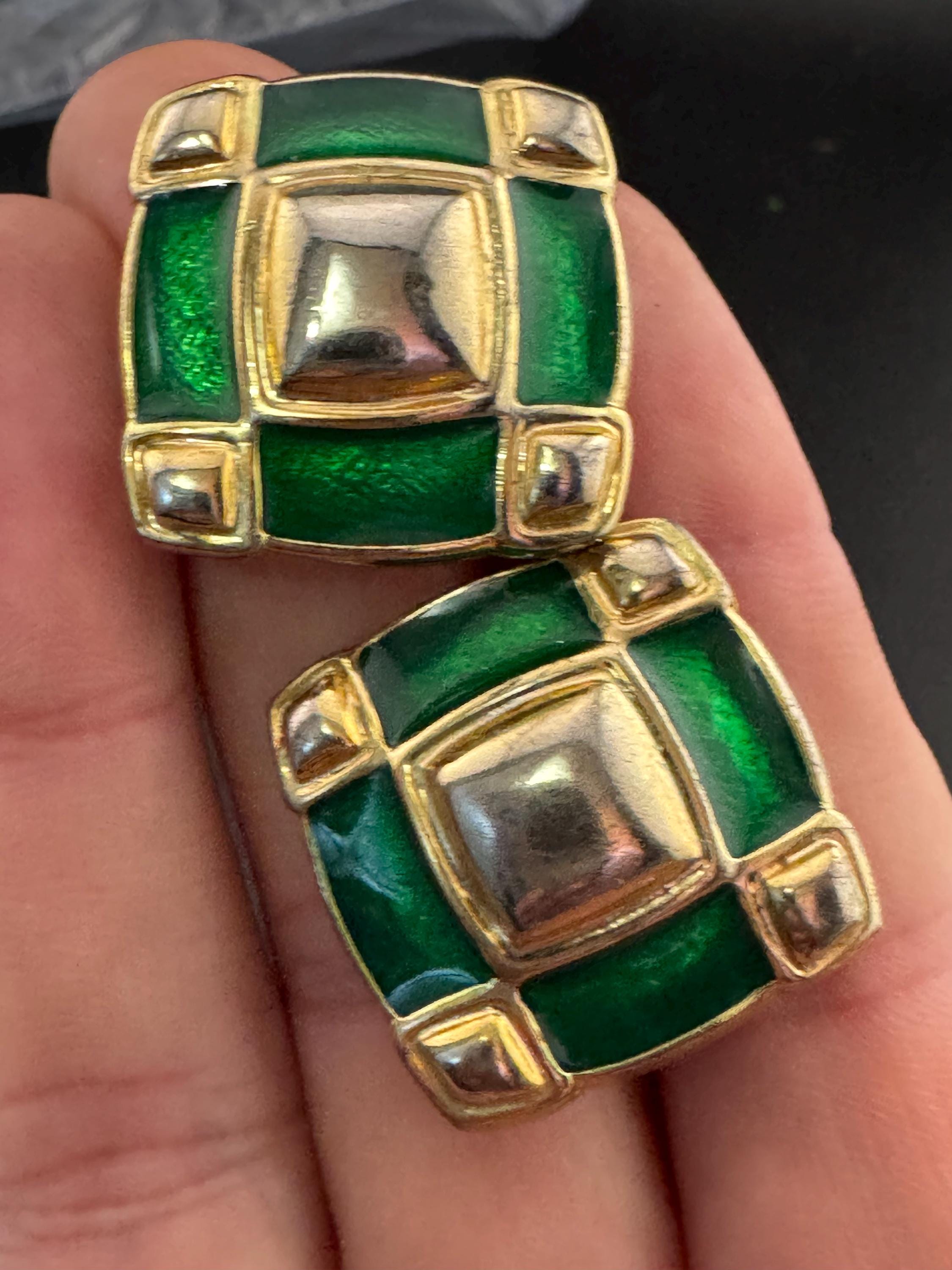 Gold tone green enamel square stud earrings for pierced ears Vintage