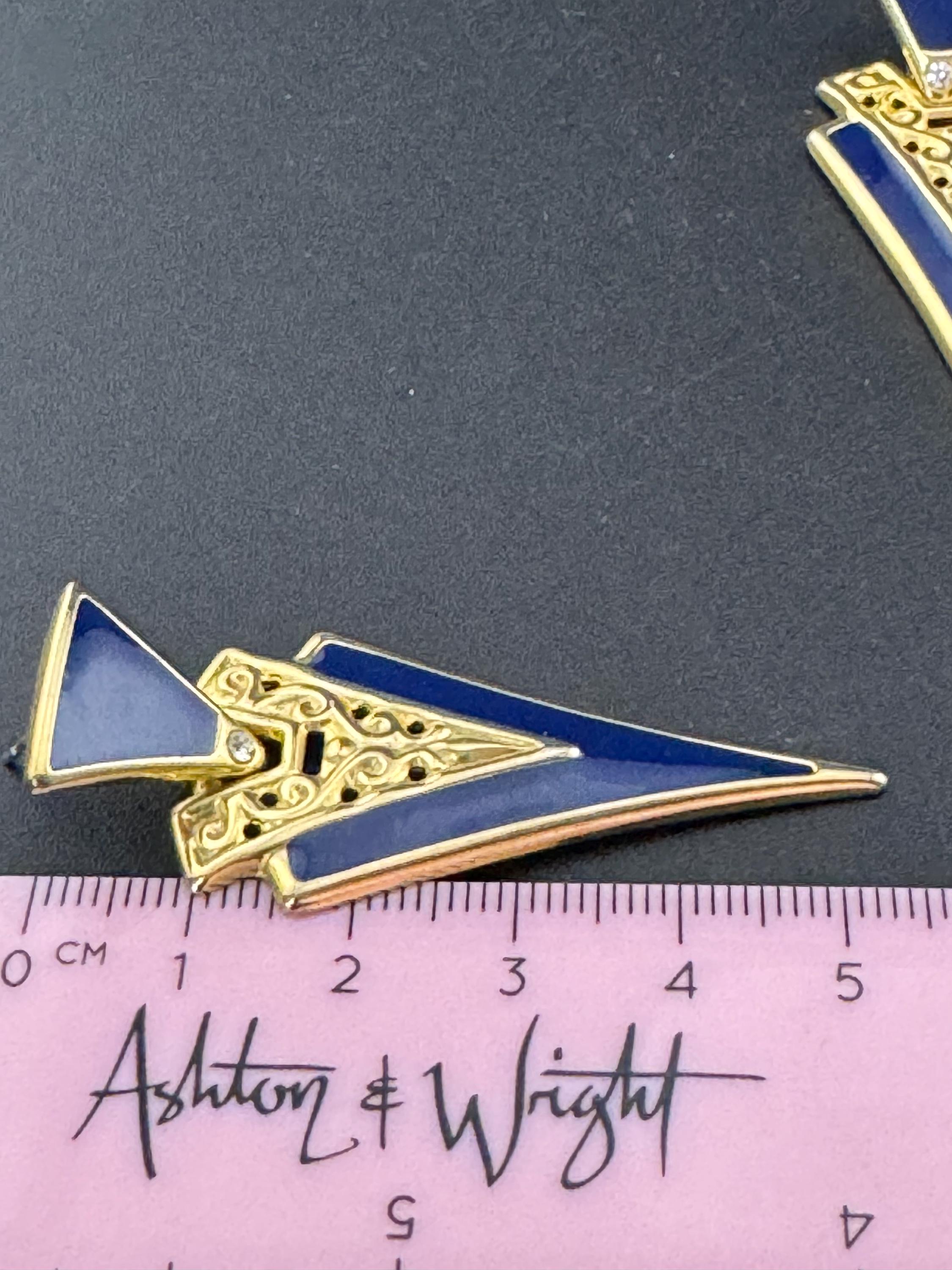 Vintage 1980s dark navy blue enamel teardrop door knocker earrings for pierced ears, gold tone