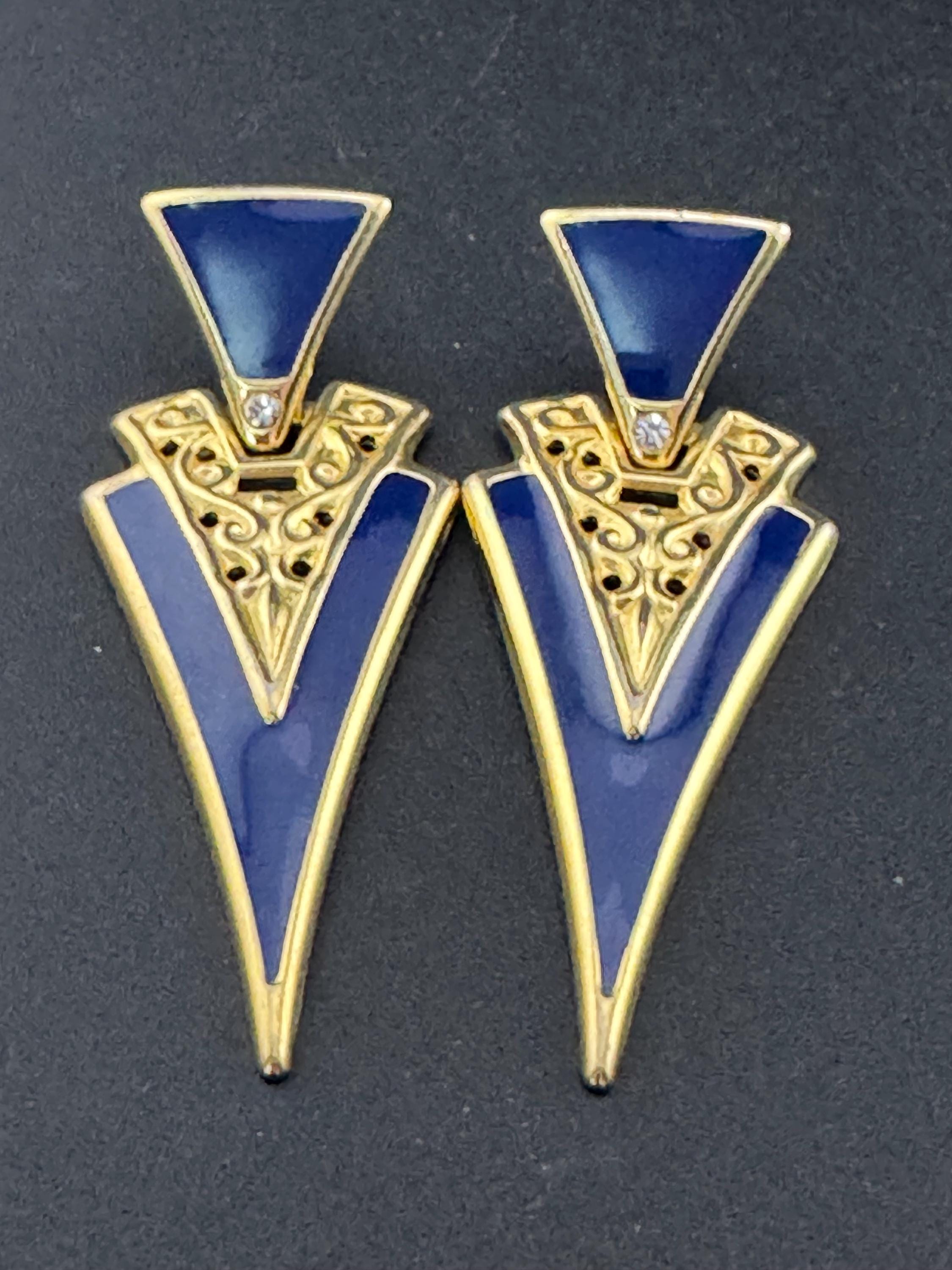 Vintage 1980s dark navy blue enamel teardrop door knocker earrings for pierced ears, gold tone