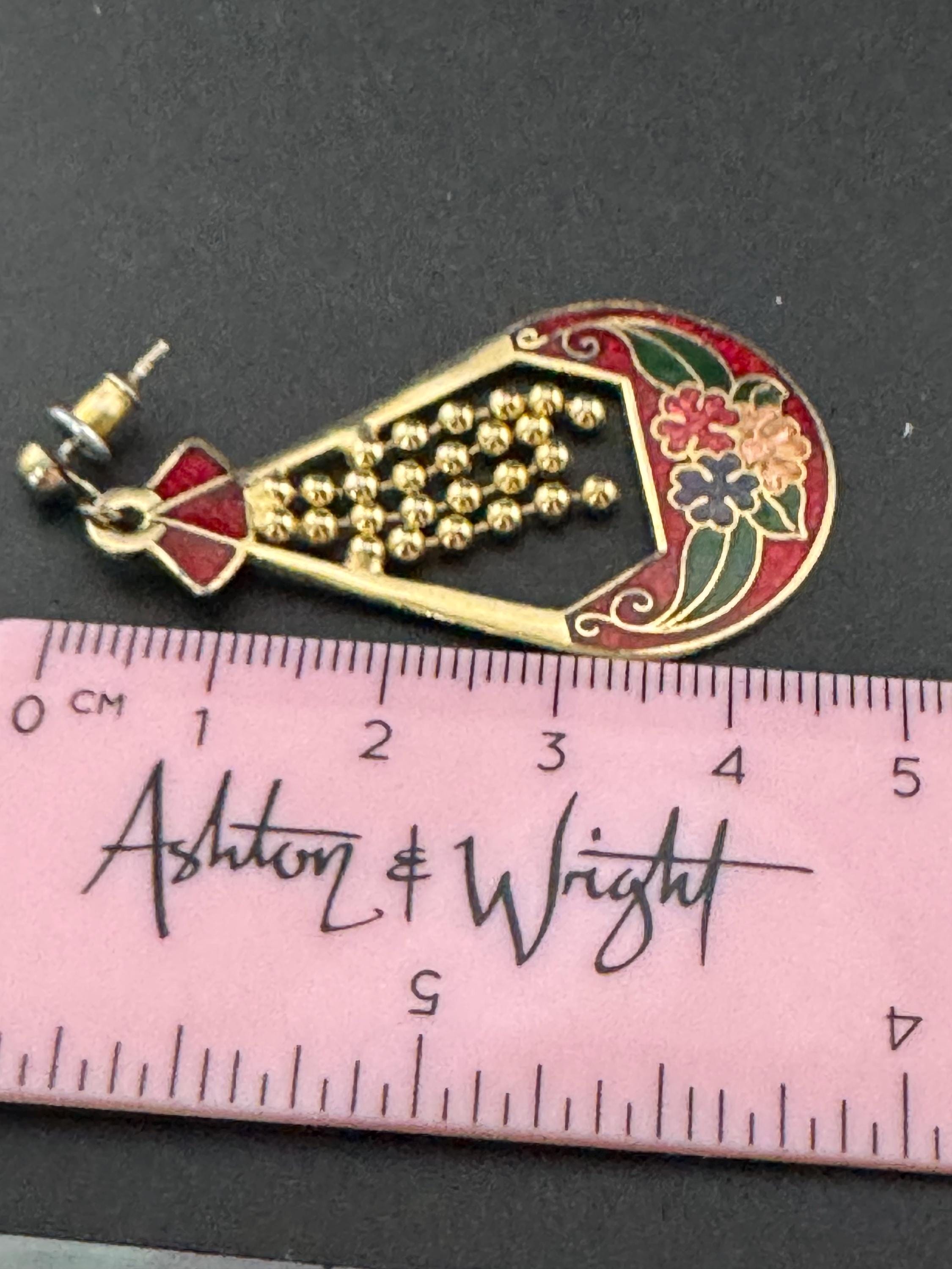 Vintage large Cloisonné Enamel Red green Floral teardrop dangly drop earrings with gold tone ball beads for pierced ears