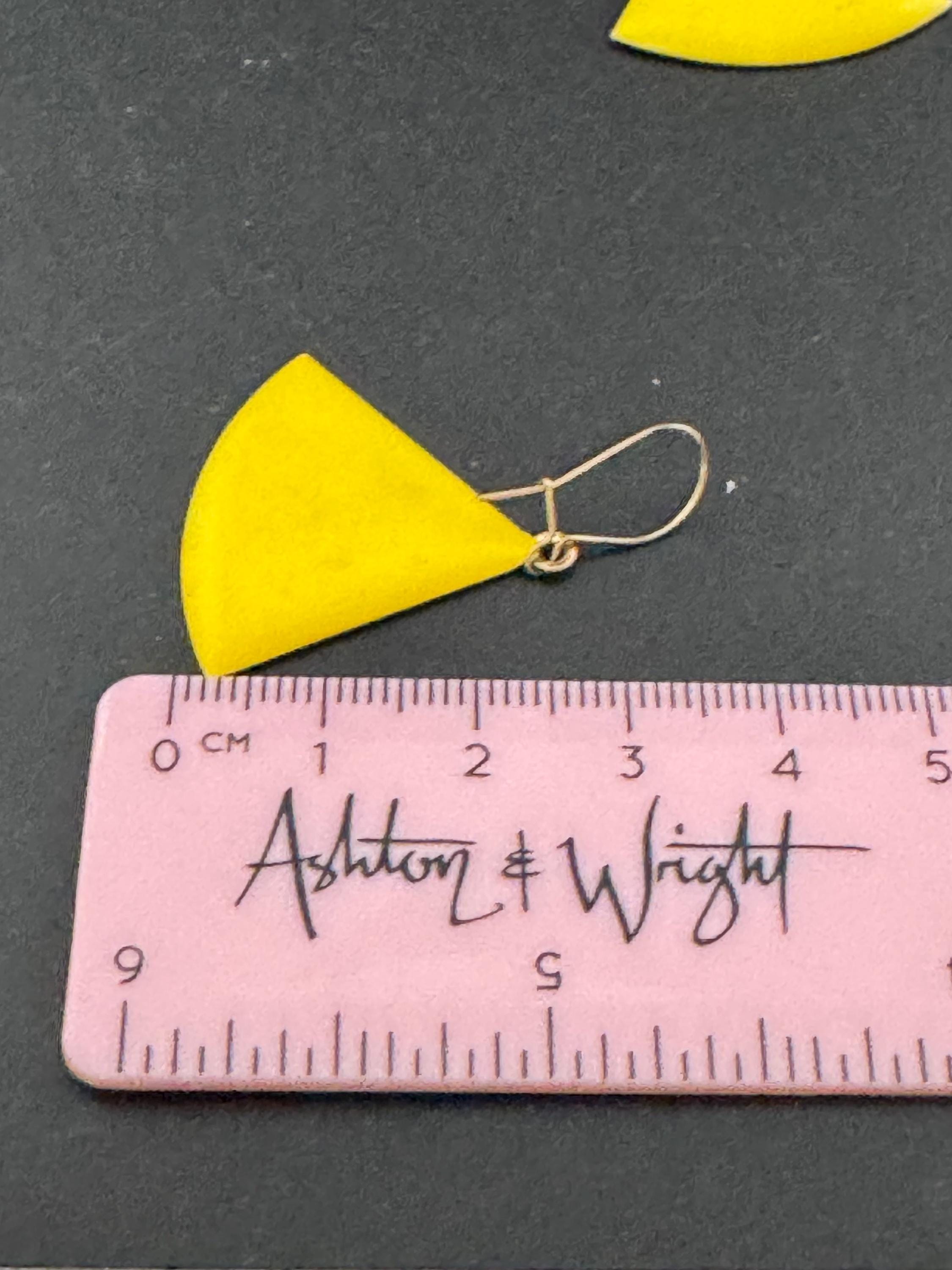 Vintage 1980s bright yellow enamel triangular dangly earrings for pierced ears, gold tone