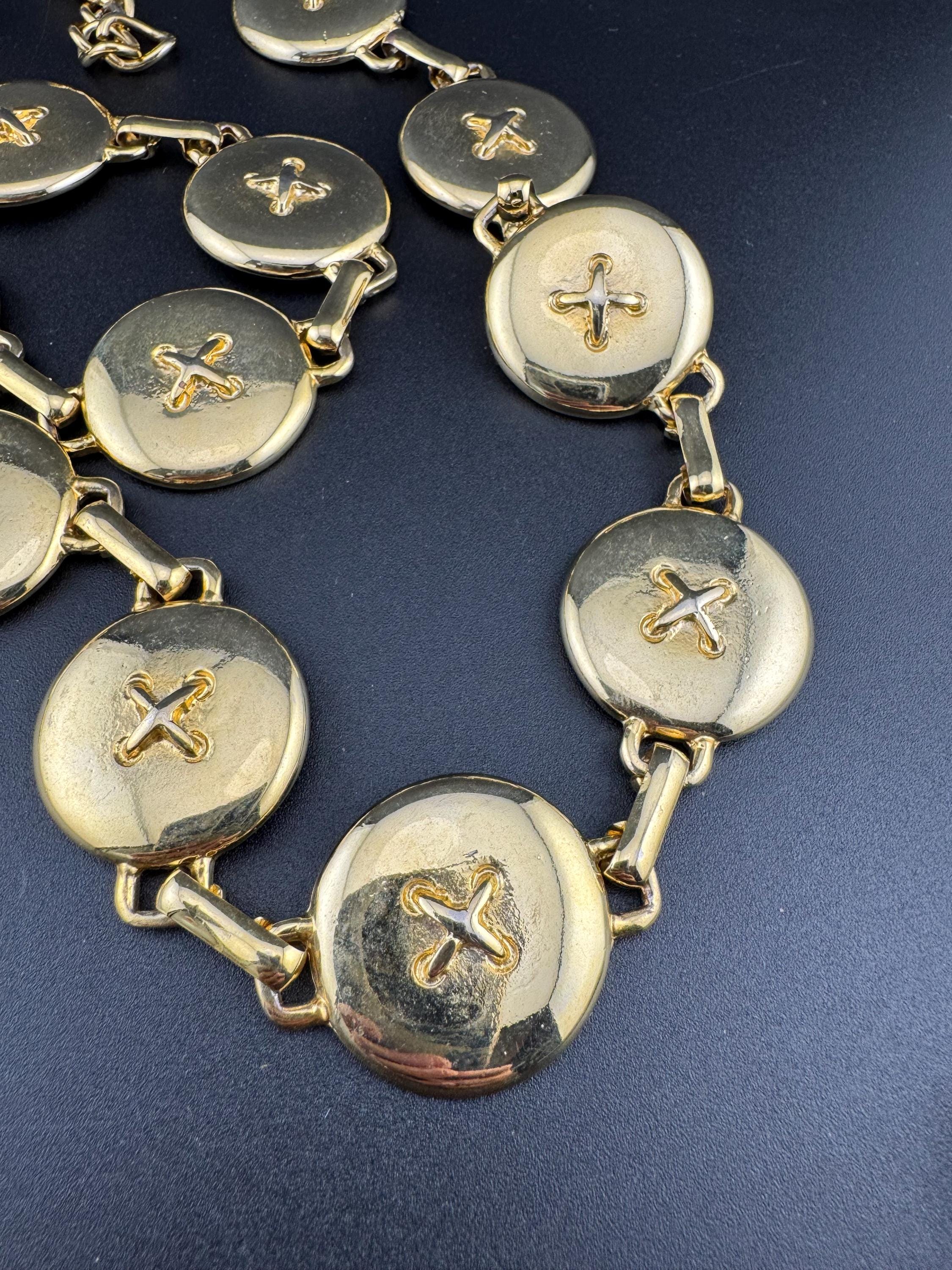 Retro weighty gold tone round button disc rings chain link belt 81-94cm