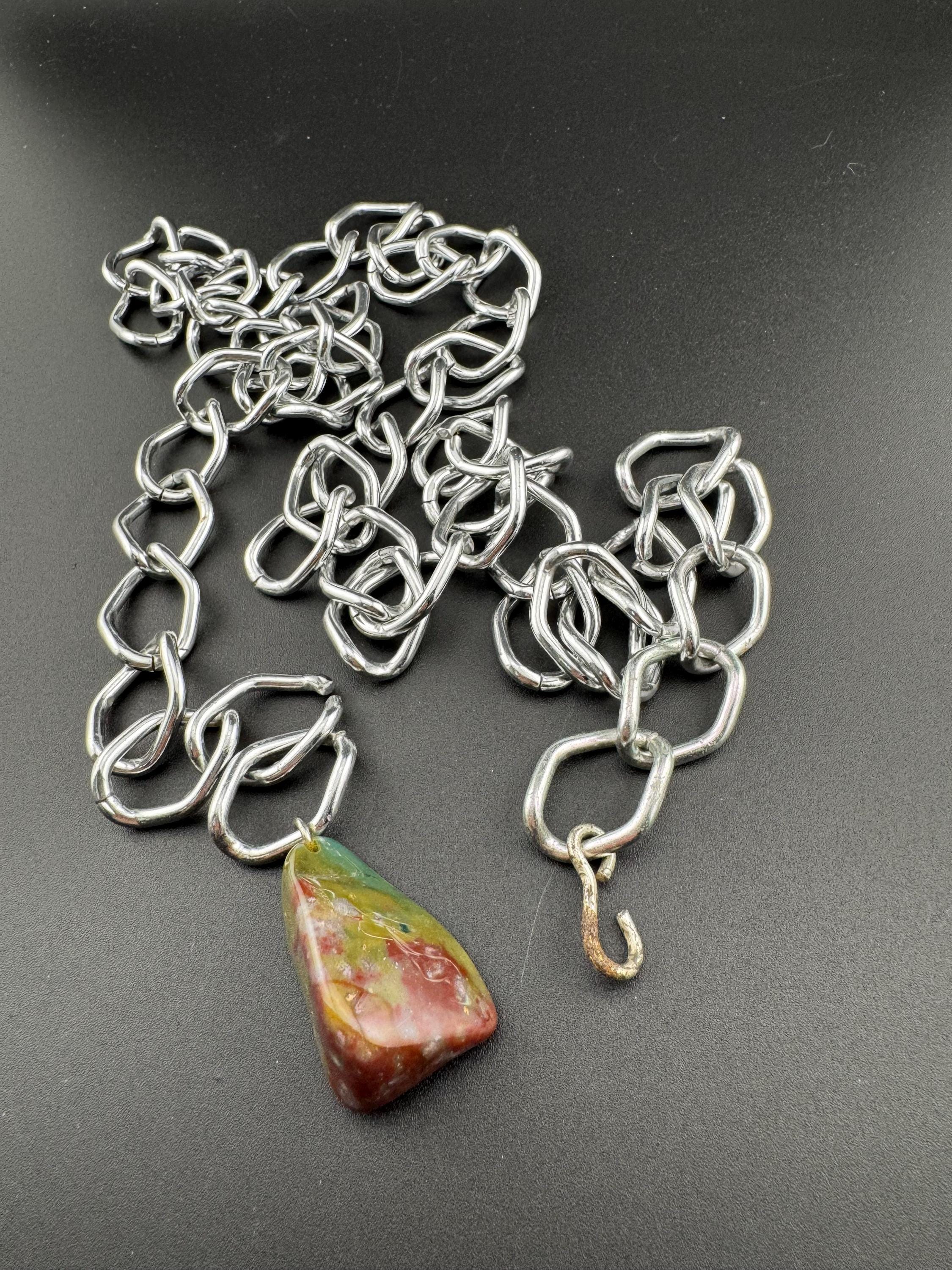 As found vintage 100cm metal silver tone chunky chain link belt with green brown gemstone dropper 1980s 1970s