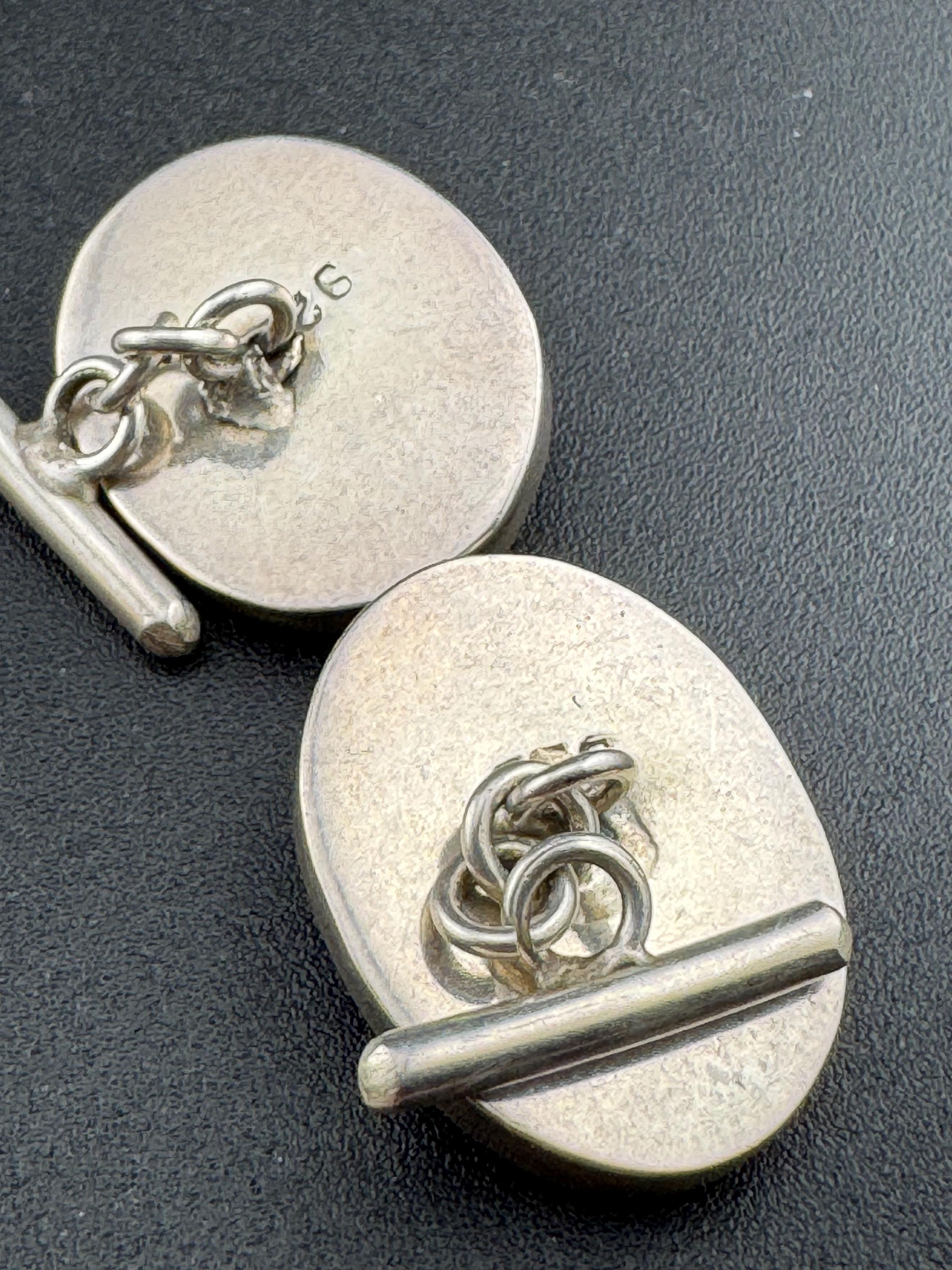 Vintage retro solid 925 sterling silver black cabochon set mens oval cufflinks