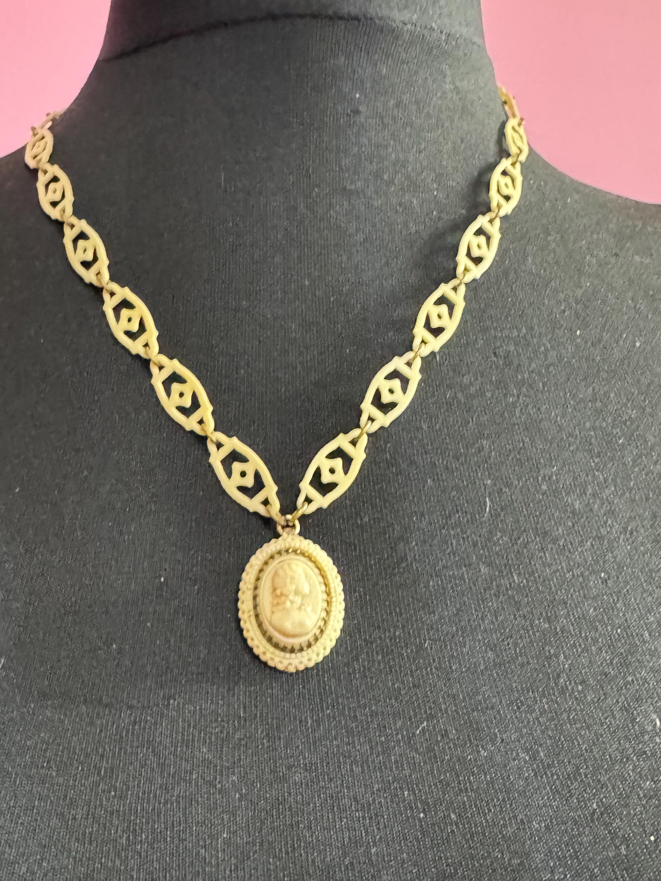 True Art Deco cameo lady pendant necklace cream thin celluloid early plastic cut out floral motif 56cm