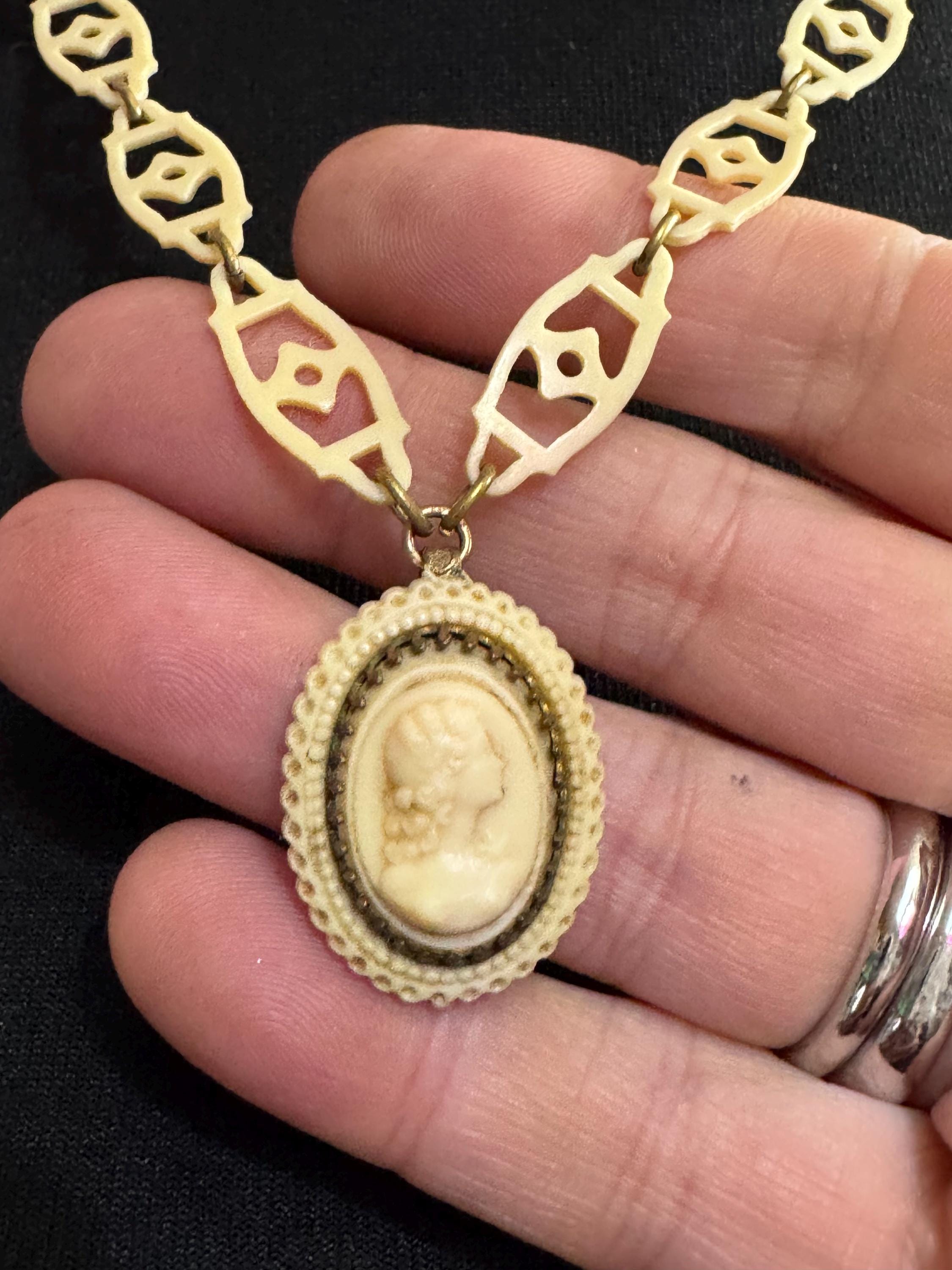 True Art Deco cameo lady pendant necklace cream thin celluloid early plastic cut out floral motif 56cm