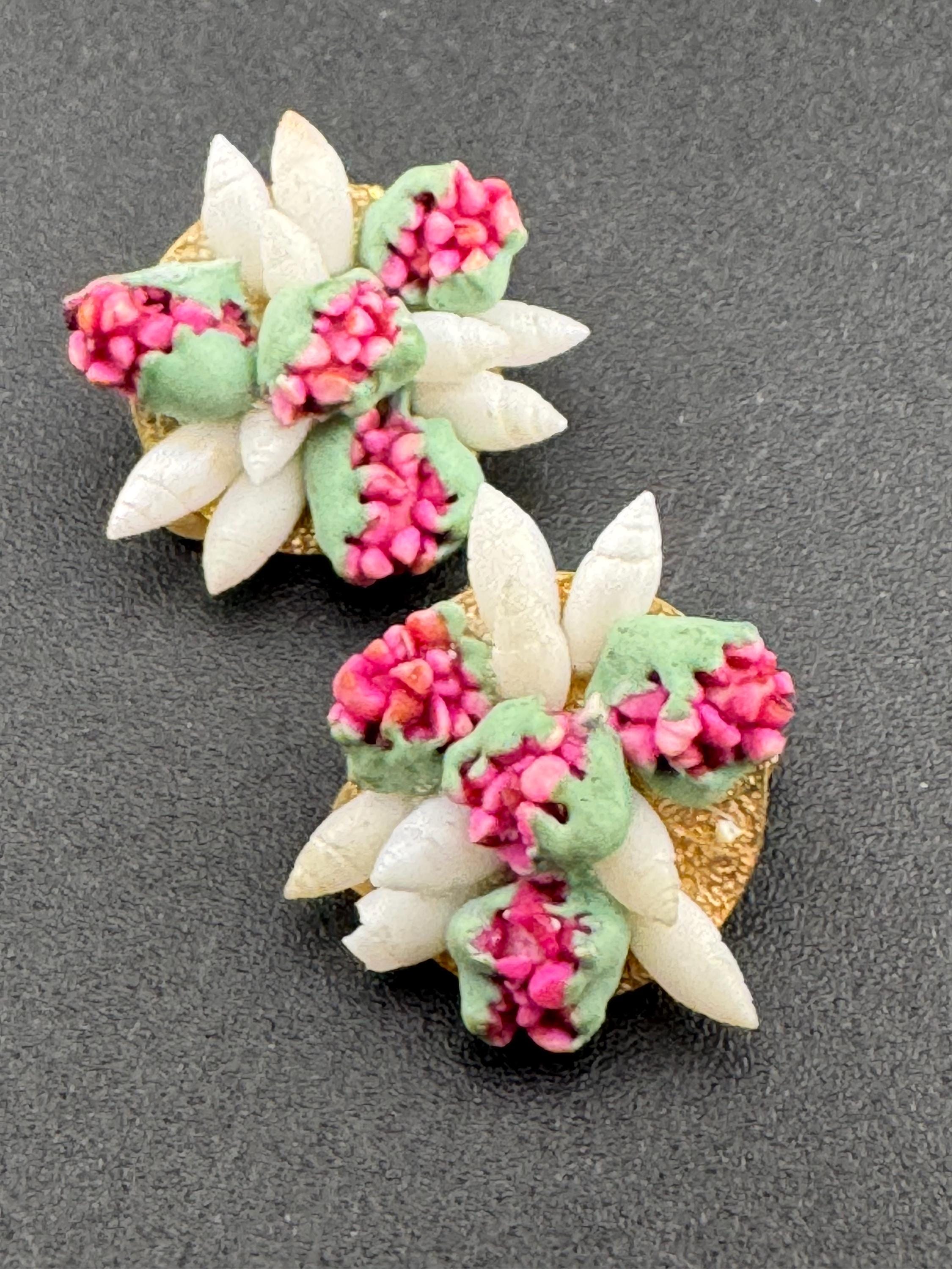 Vintage pink white faux green floral clip on mid century early plastic stud earrings