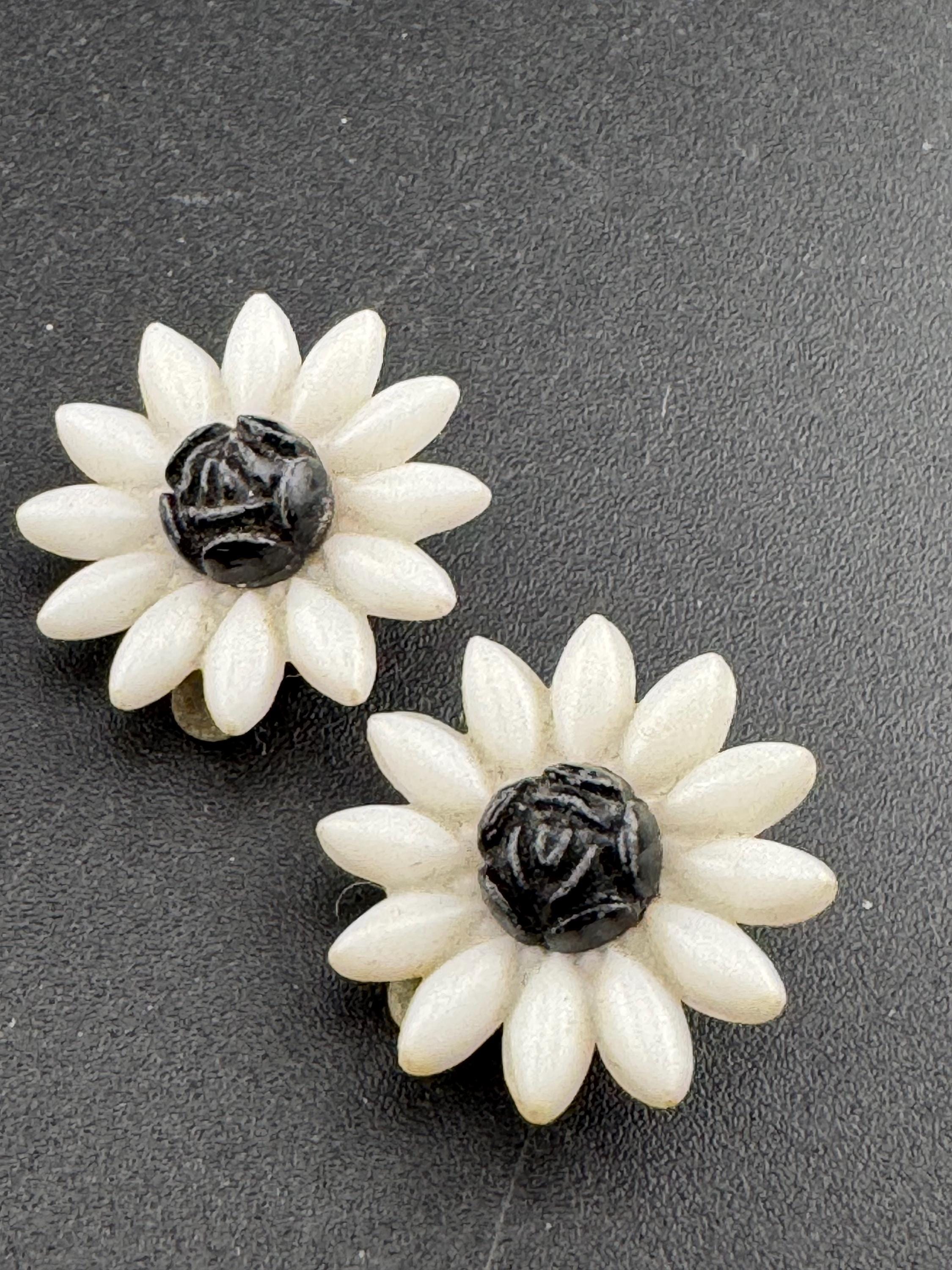 Vintage early plastic celluloid white floral clip on earrings art deco