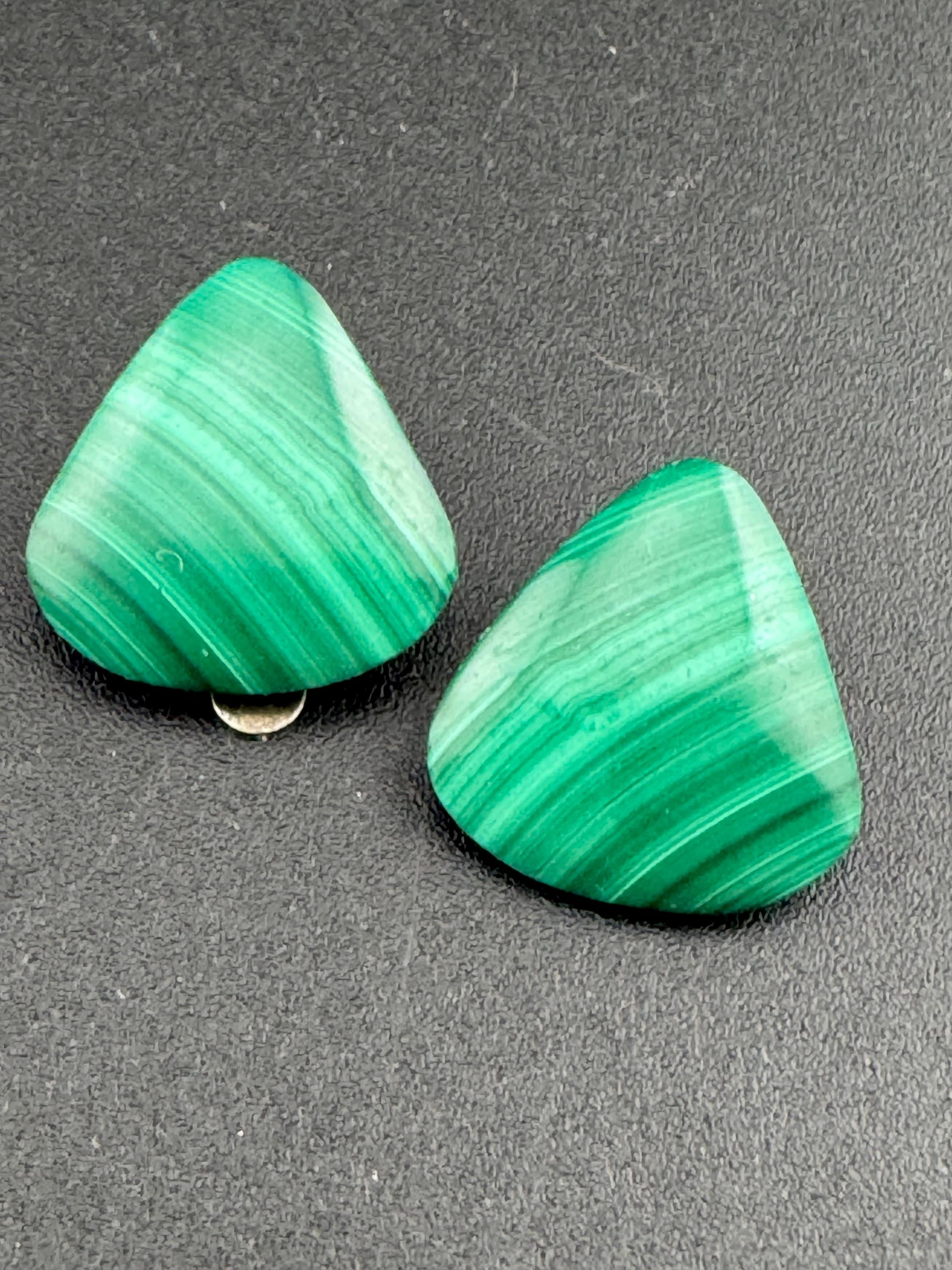 Vintage Gold tone green malachite triangle gemstone pair of stud Clip on earrings