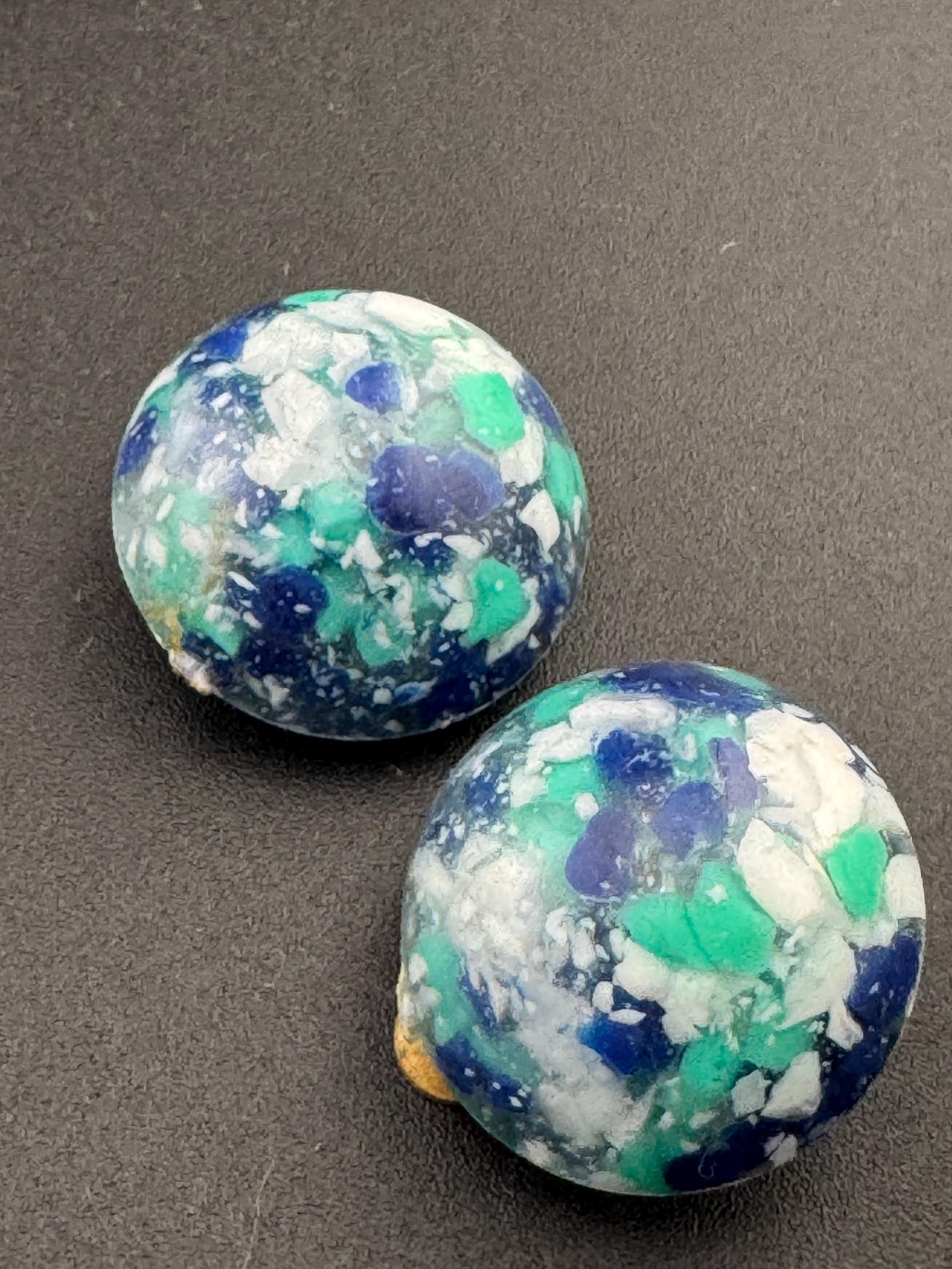 Vintage round blue green marbled plastic domed clip on stud earrings mid century