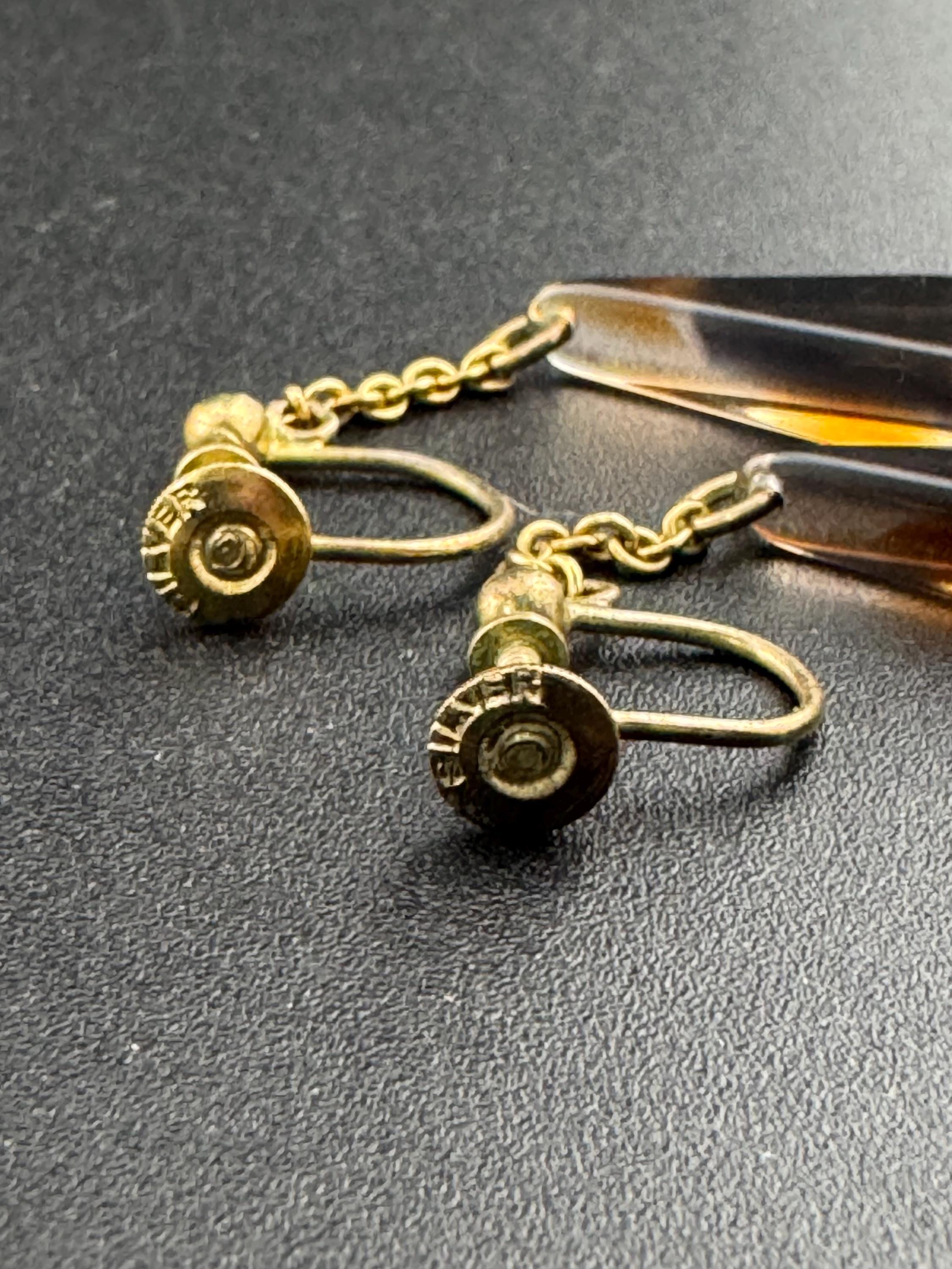 Stamped silver gilt metal faux tortoiseshell triangular long drop gold tone clip on screw back earrings