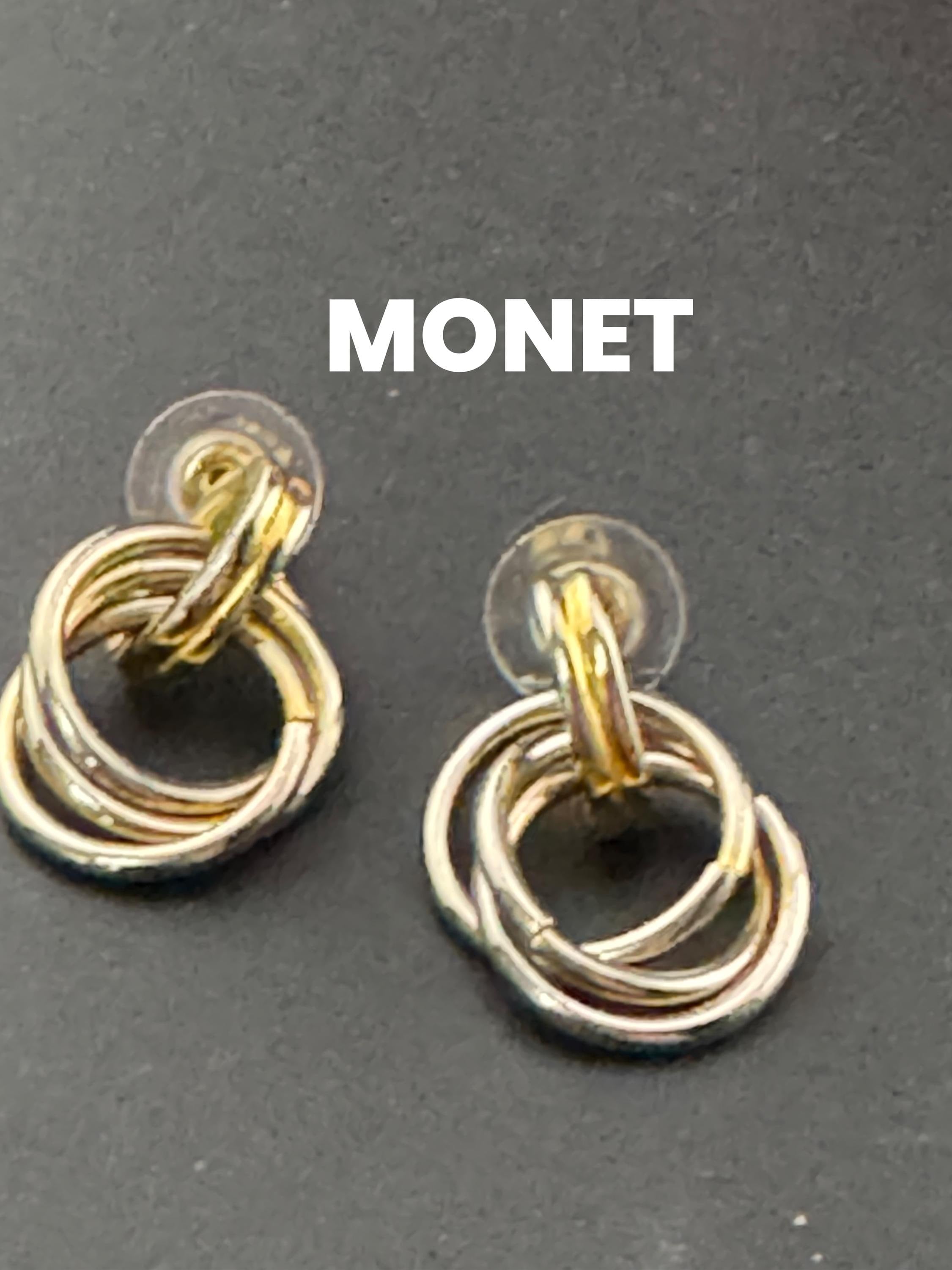 Signed MONET Vintage Retro silver and Gold tone dangly hoop pierced earrings  1980s 1990s statement