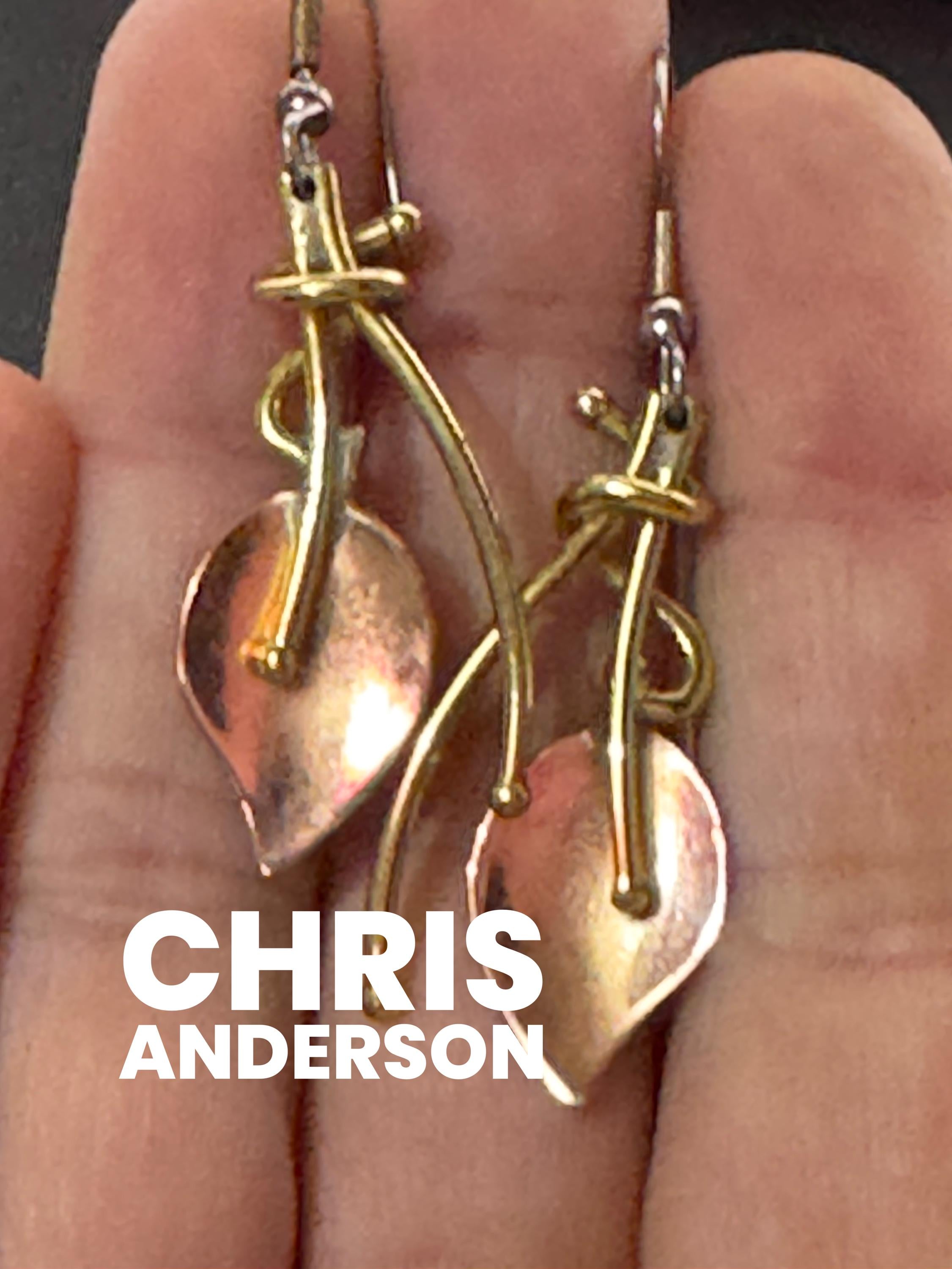 Vintage Chris Anderson Caribbean signed copper tone leaf foliat pierced dangly drop earrings