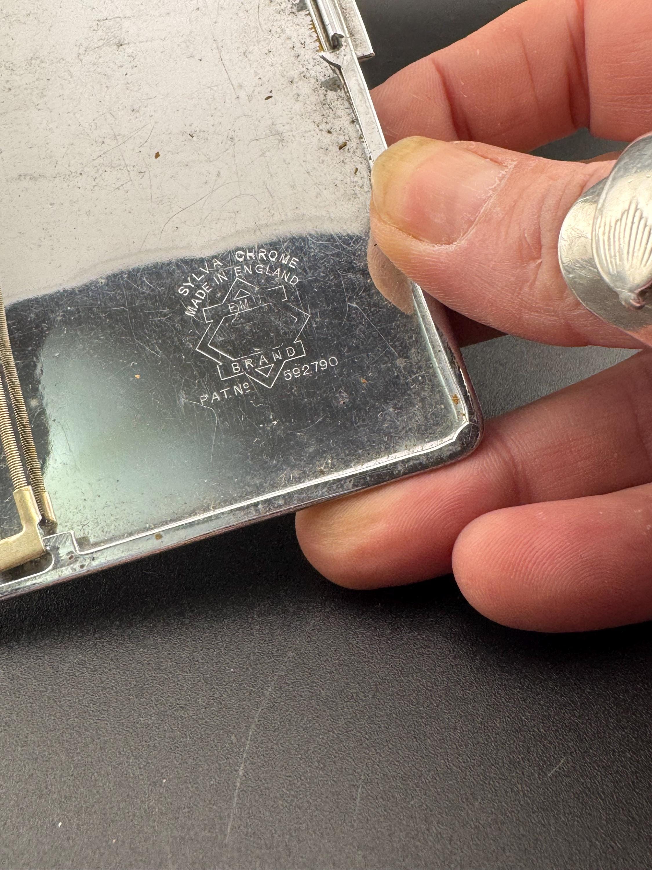 Vintage Cigarette Case Art Deco Silver Tone chrome Metal engine turned pocket jacket business card holder blank cartouche monogram