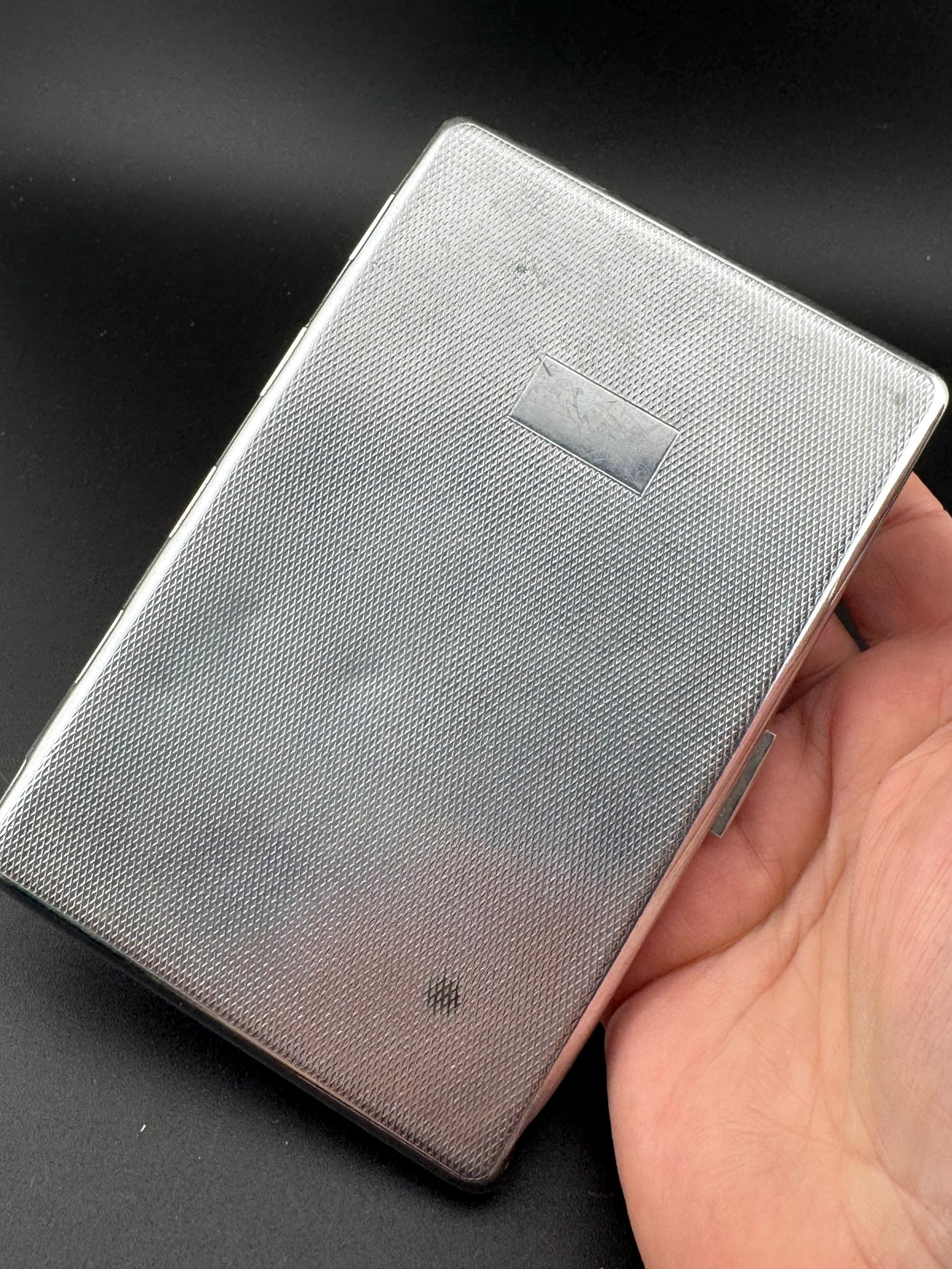Vintage Cigarette Case Art Deco Silver Tone chrome Metal engine turned pocket jacket business card holder blank cartouche monogram