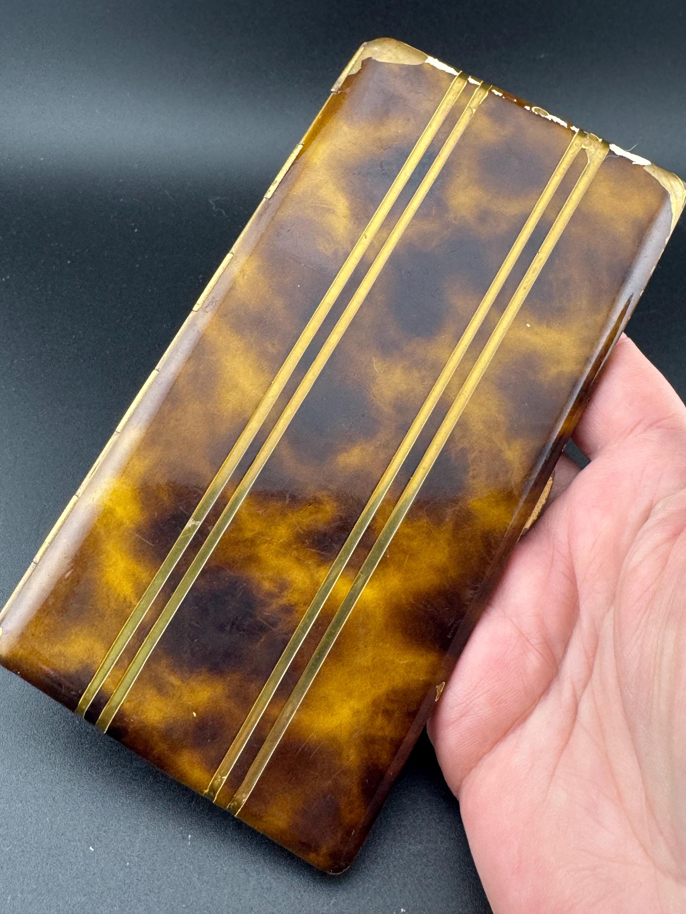 Vintage Art Deco Faux Tortoiseshell tal Brown Cigarette Case Gilt Lined Antique Collectable business Card Case