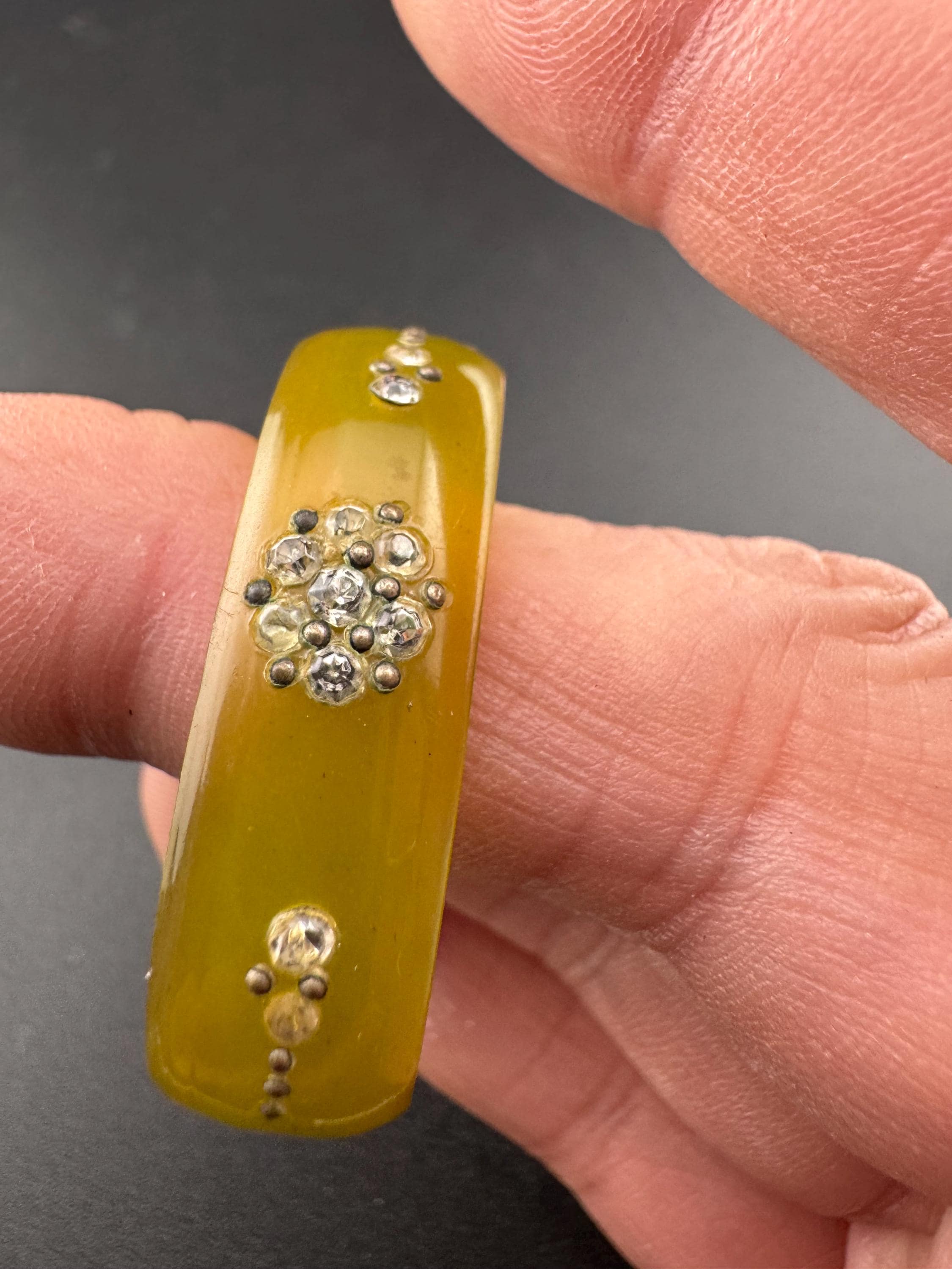 Art Deco Celluloid Early Plastic green Scarf Ring clear diamanté Bakelite pique work 1920s 1930s antique