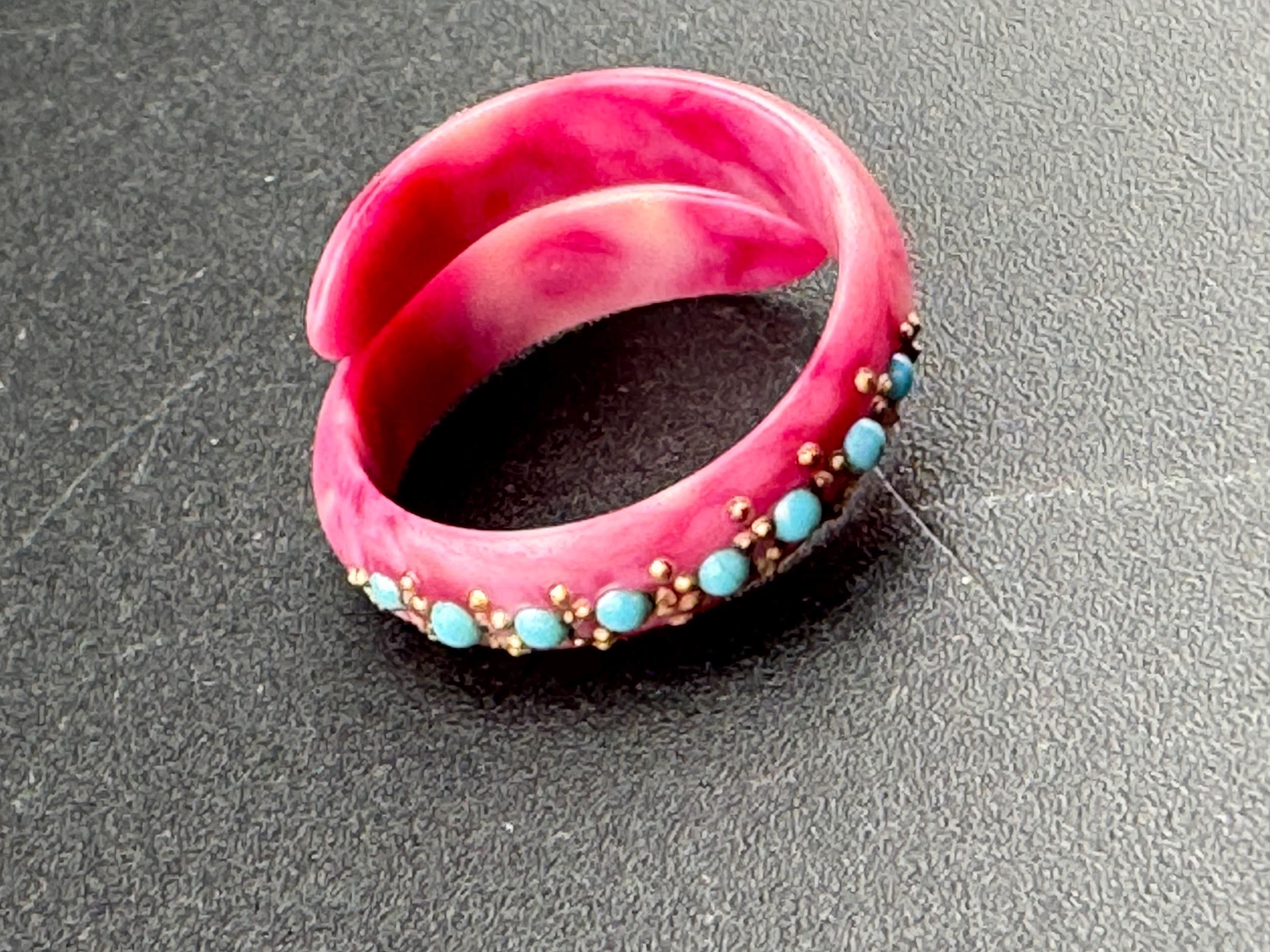 Art Deco Celluloid Early Plastic pink turquoise Scarf Ring clear diamanté Bakelite pique work 1920s 1930s antique
