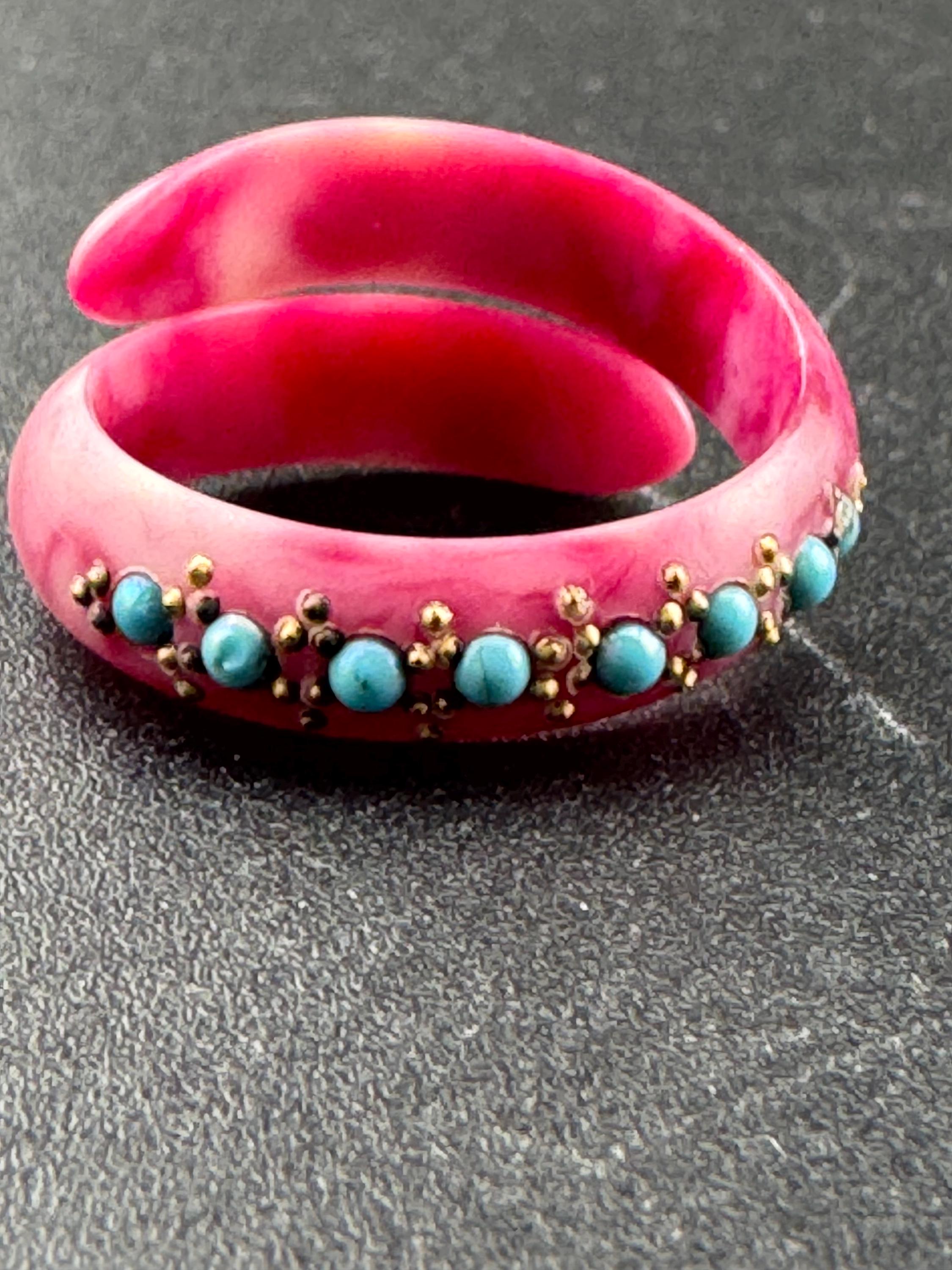 Art Deco Celluloid Early Plastic pink turquoise Scarf Ring clear diamanté Bakelite pique work 1920s 1930s antique