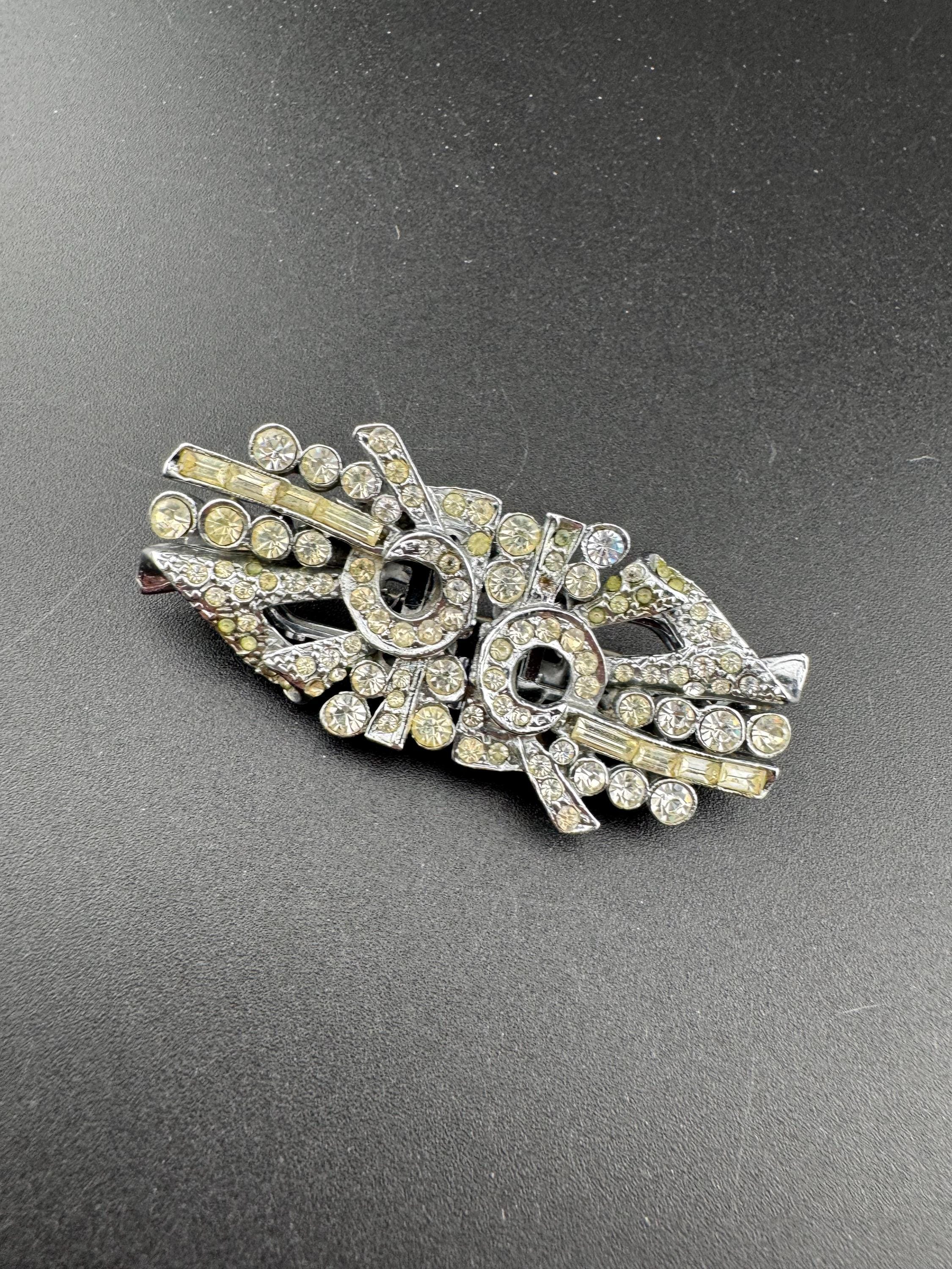 Duette pair of Dress Clips Combination Brooch Marcasite Silver chrome metal Art Deco