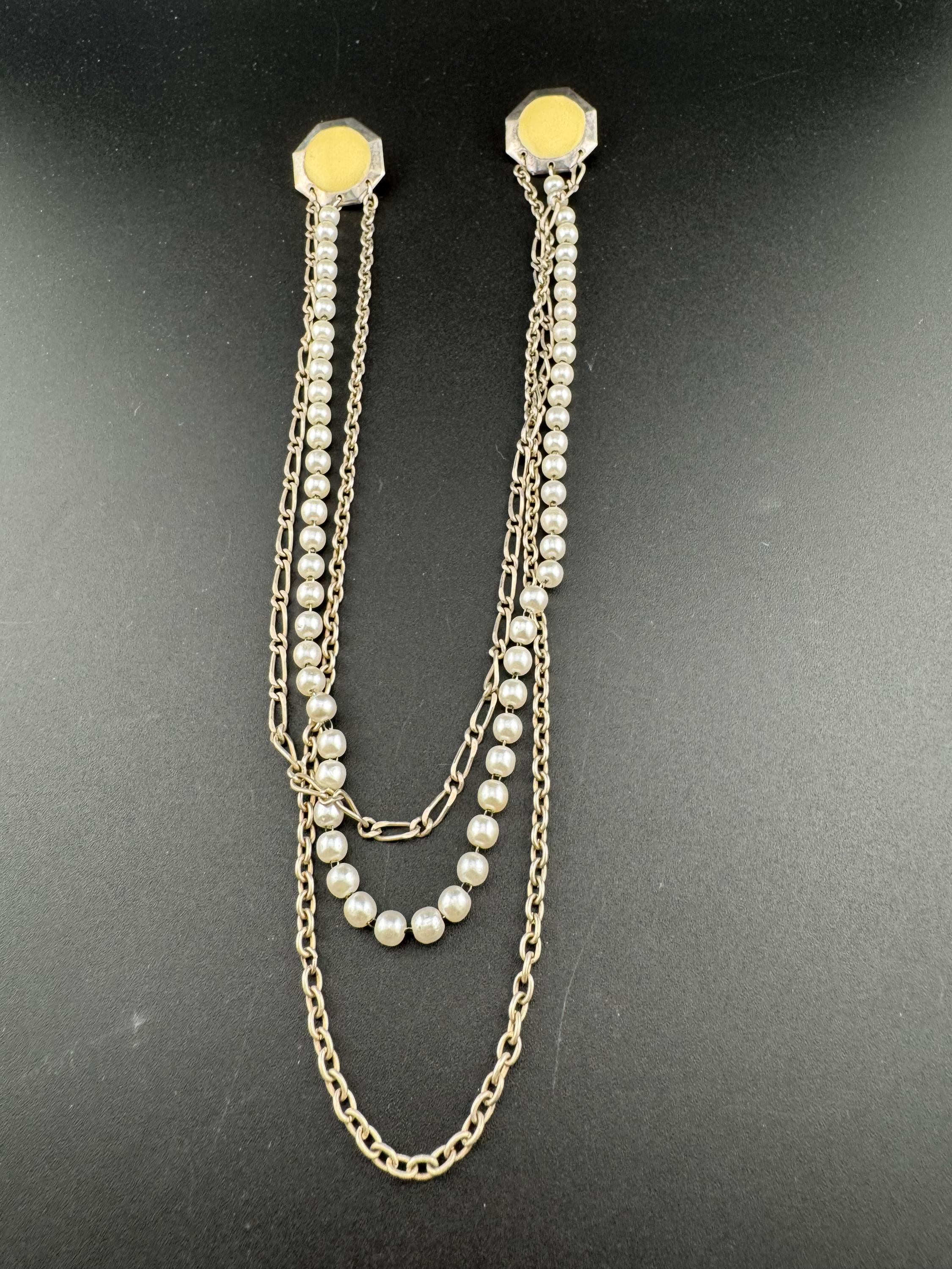 vintage retro double silver tone and beige  metal sweater guards 1960s 1970s jumper clasps