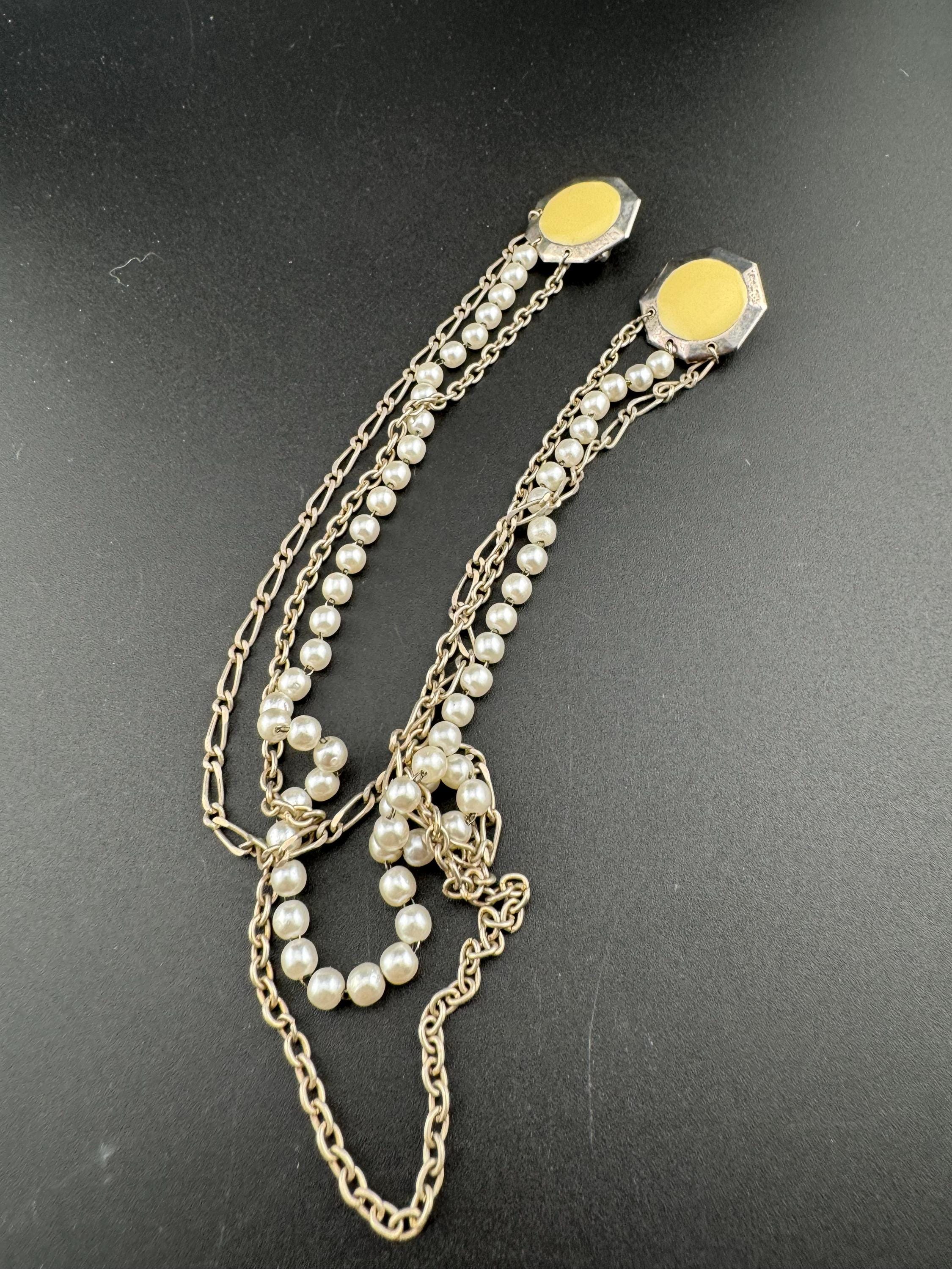 vintage retro double silver tone and beige  metal sweater guards 1960s 1970s jumper clasps