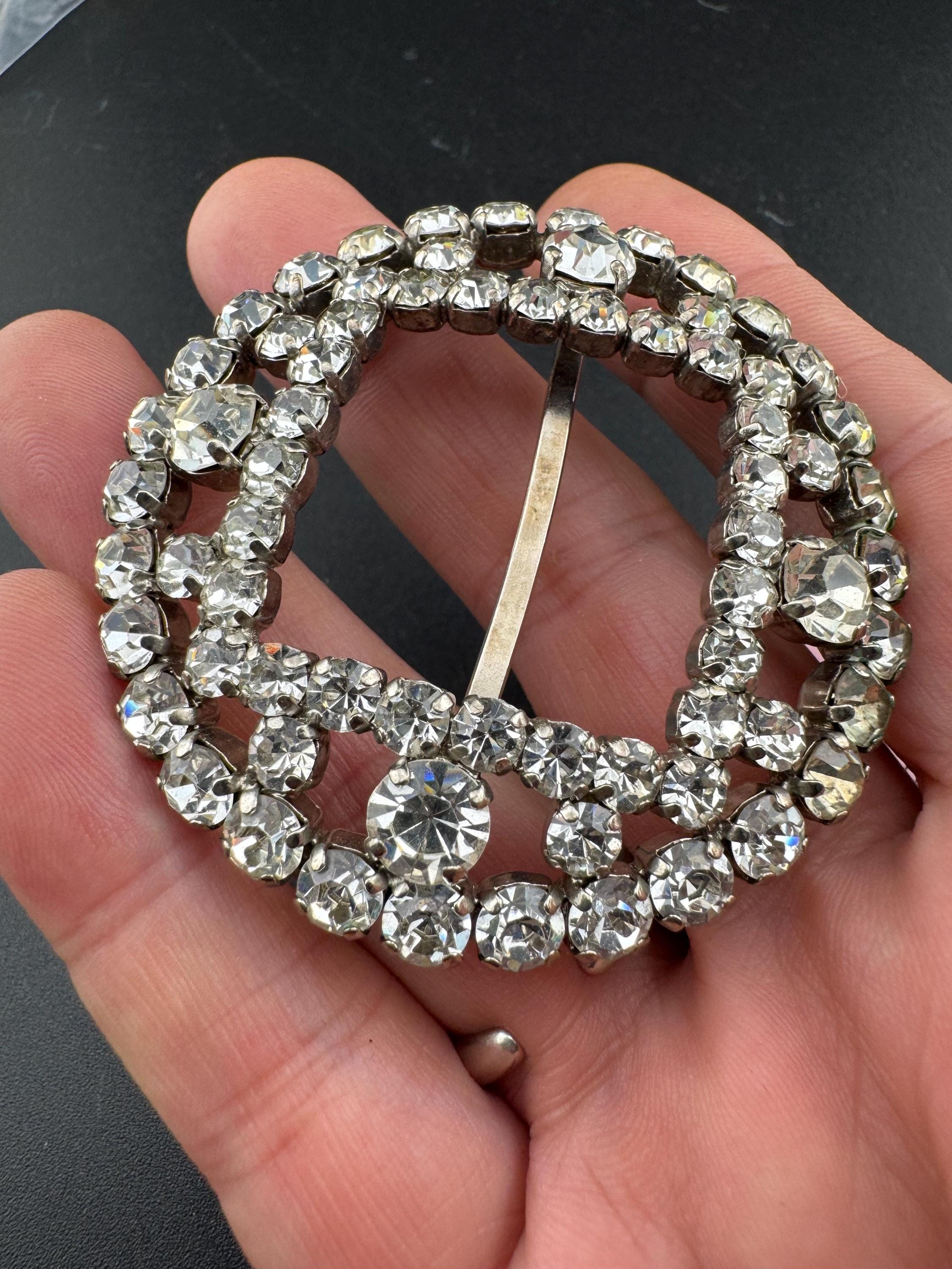 vintage large round silver tone prong set Clear Glass Diamanté  domed slider Belt Buckle paste rhinestone Wedding Sash Adornment