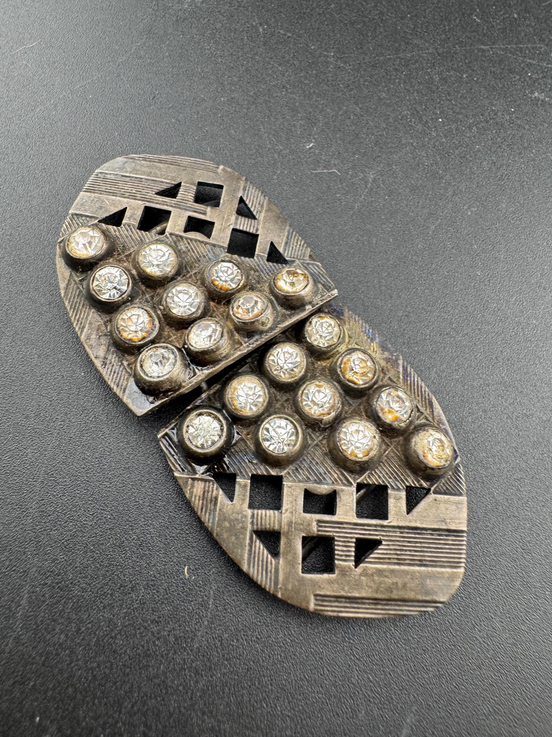 2 part diamanté art deco gold metal belt buckle antique rhinestones