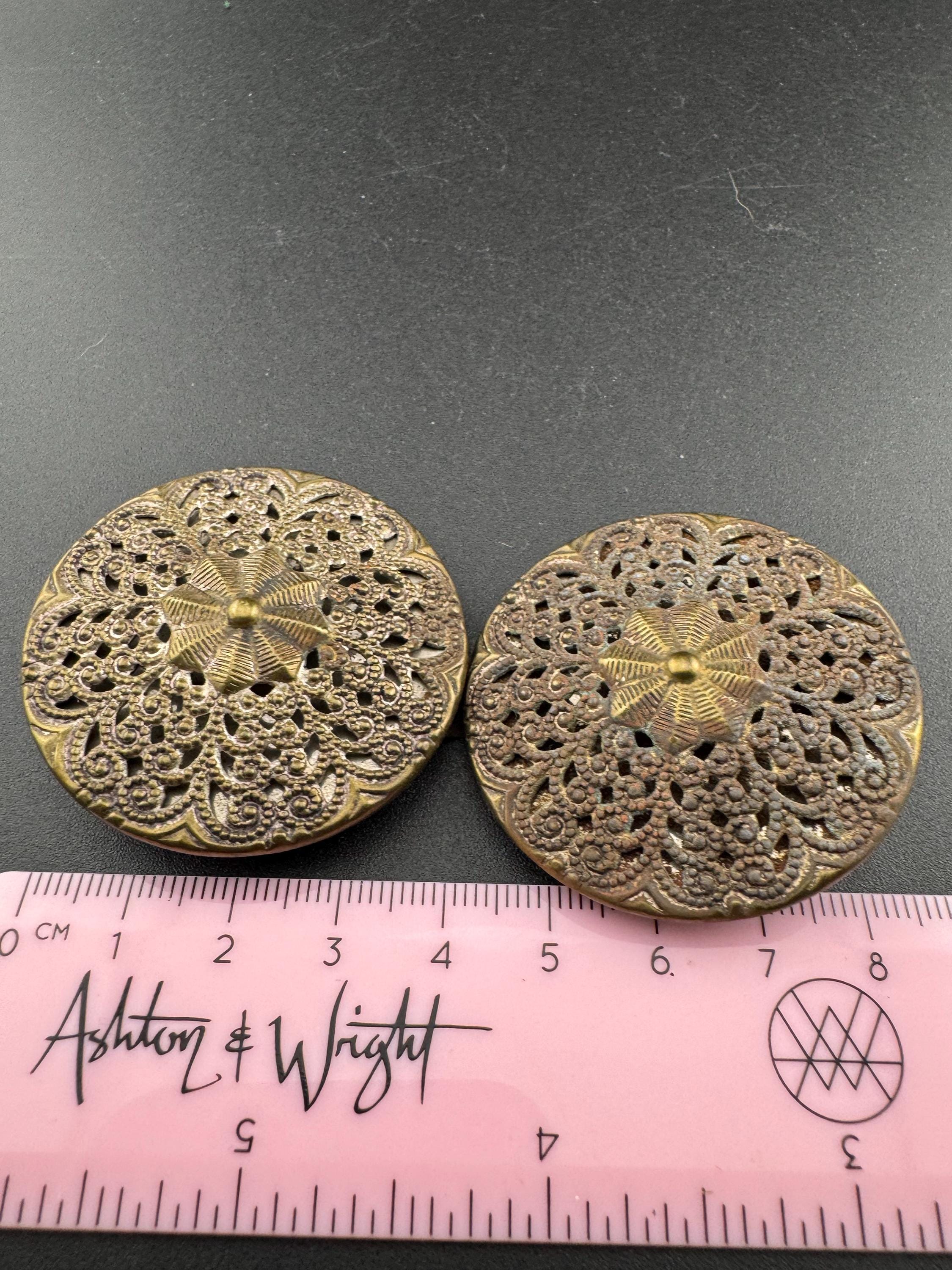 2 part belt buckle Antique filigree brass work gold tone domed Metal Vintage Belt buckle Dressmaking vintage couture steampunk