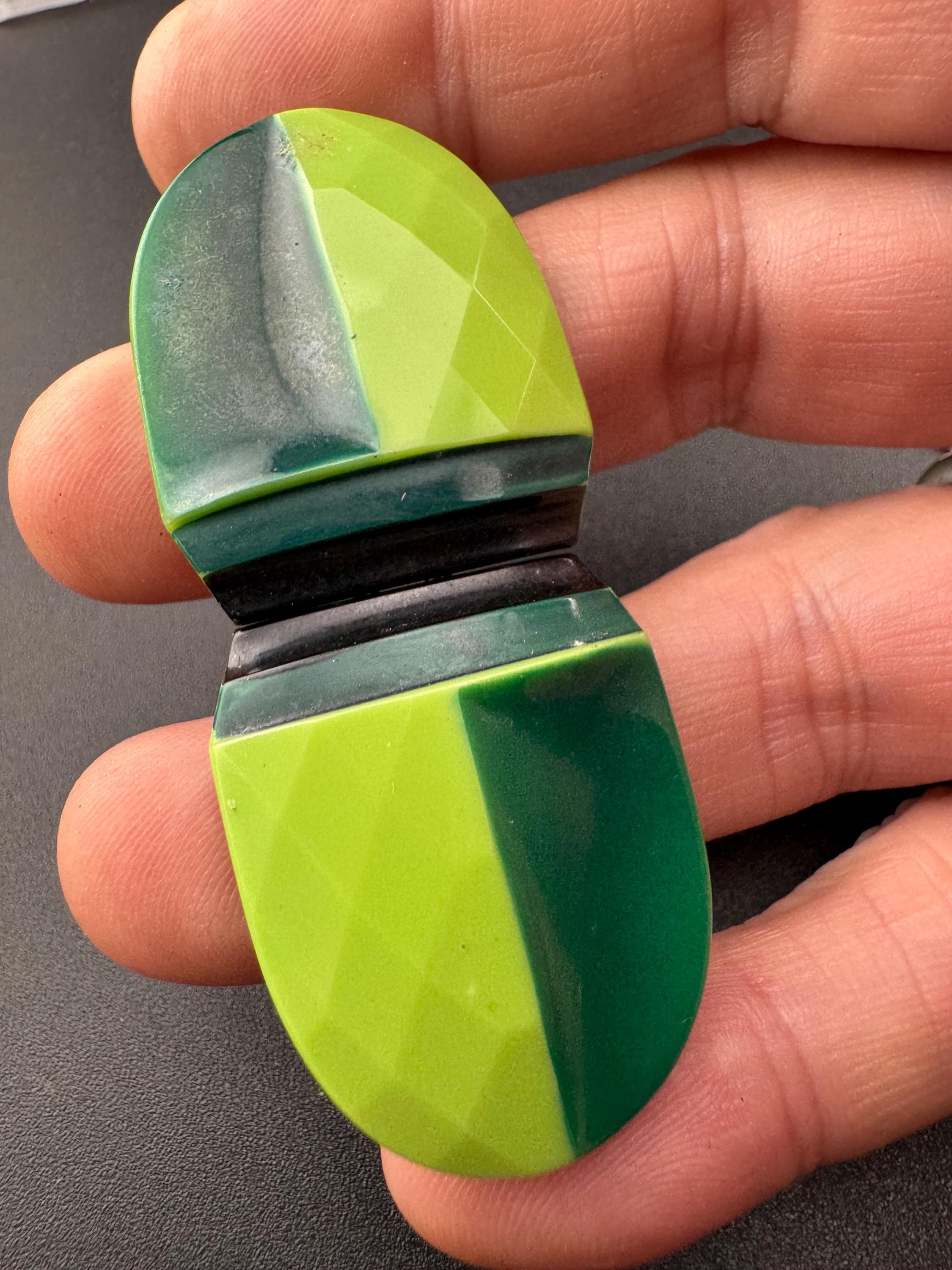 Antique 2 part Czech Bright lime and forest green Glass Belt Buckle art deco