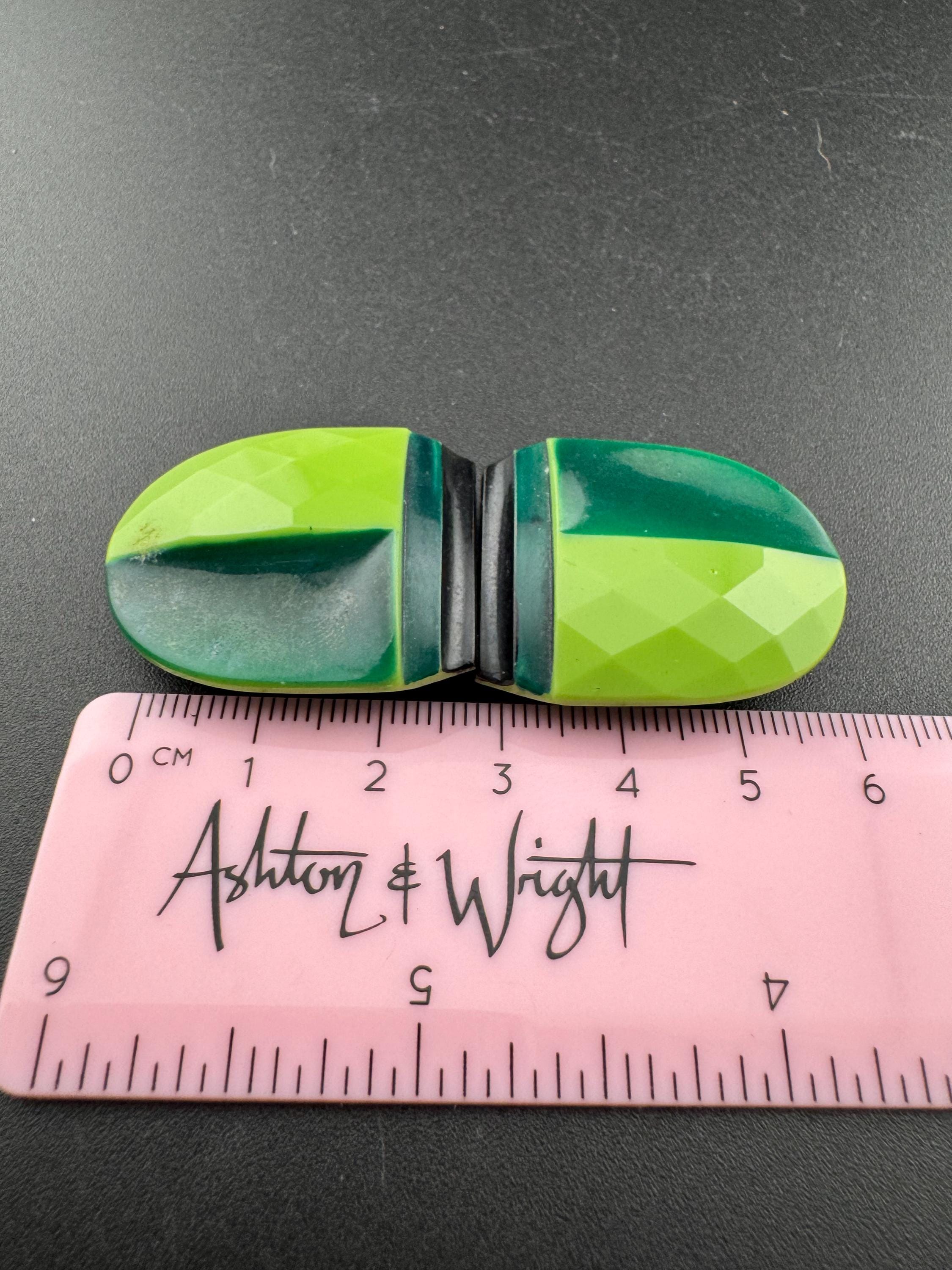 Antique 2 part Czech Bright lime and forest green Glass Belt Buckle art deco
