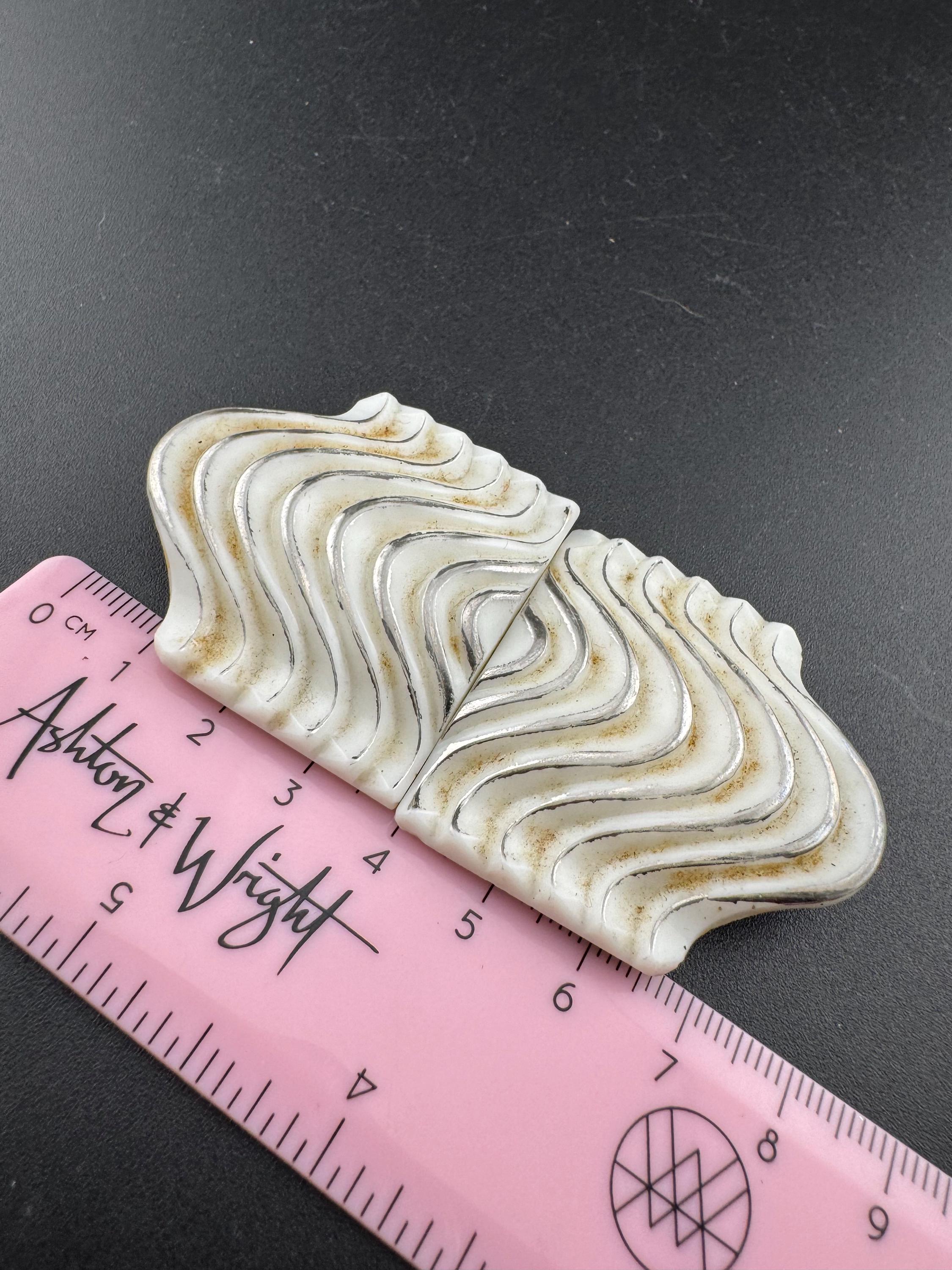 Antique 2 part Czech white and silver wavy ribbed stylish Glass Belt Buckle art deco